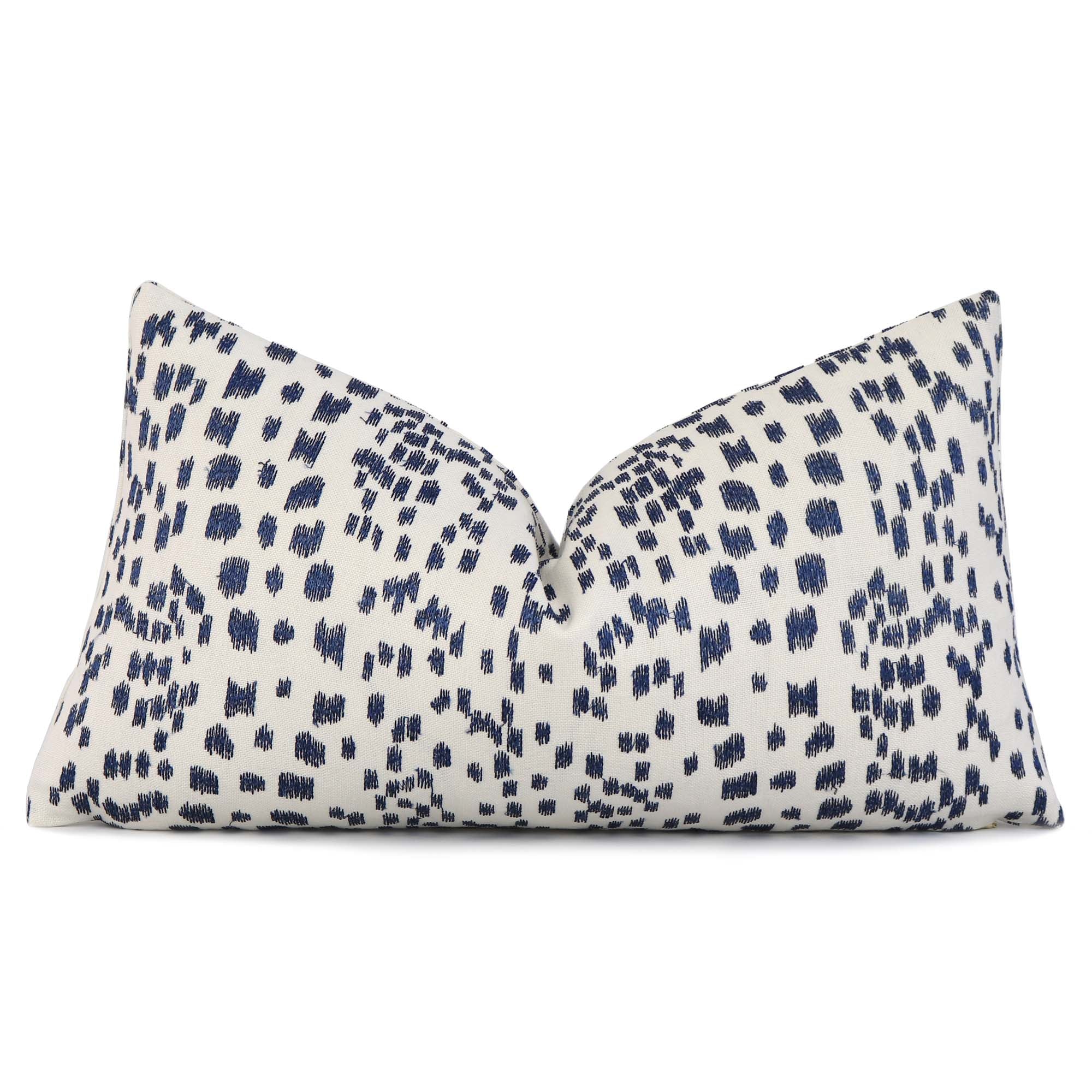 Brunschwig Fils Les Touches Embroidered Indigo Blue Luxury Designer Lumbar Throw Pillow Cover
