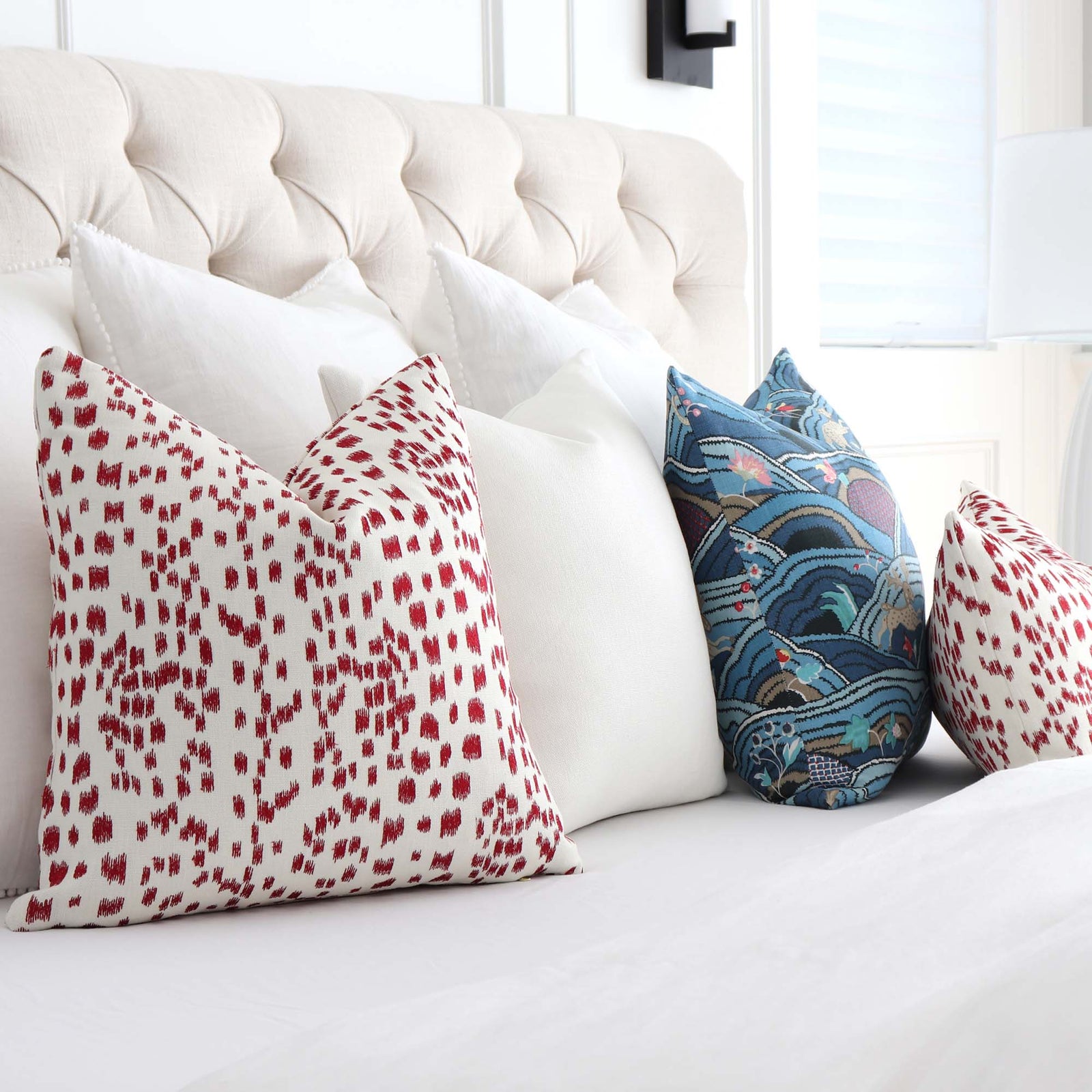 Brunschwig Fils Les Touches Embroidered Poppy Red Luxury Designer Throw Pillow Cover in Bedroom