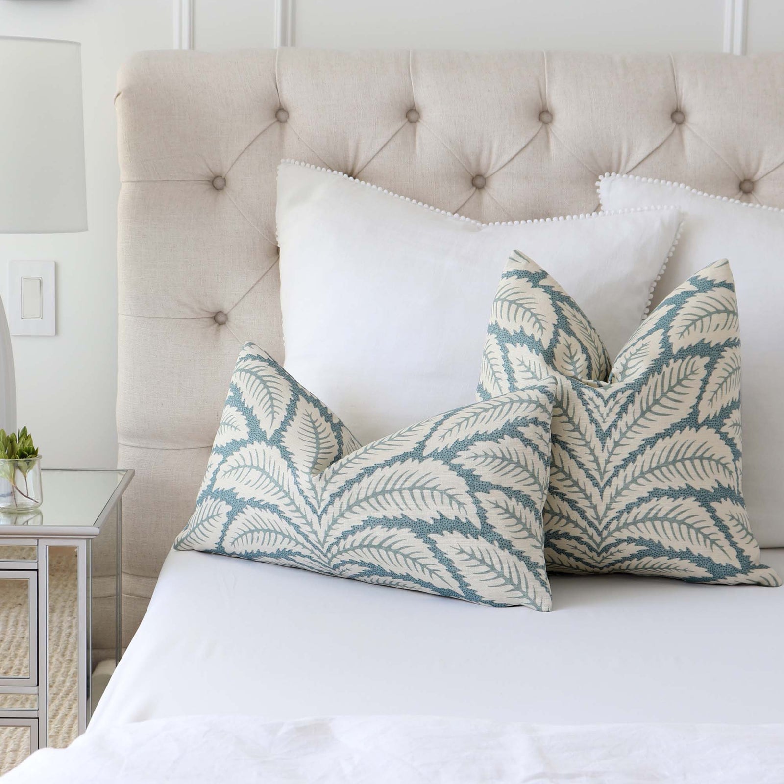 Brunschwig Fils Talavera Aqua Blue Palm Leaf Luxury Designer Throw Pillow Cover with Large White Euro Shams