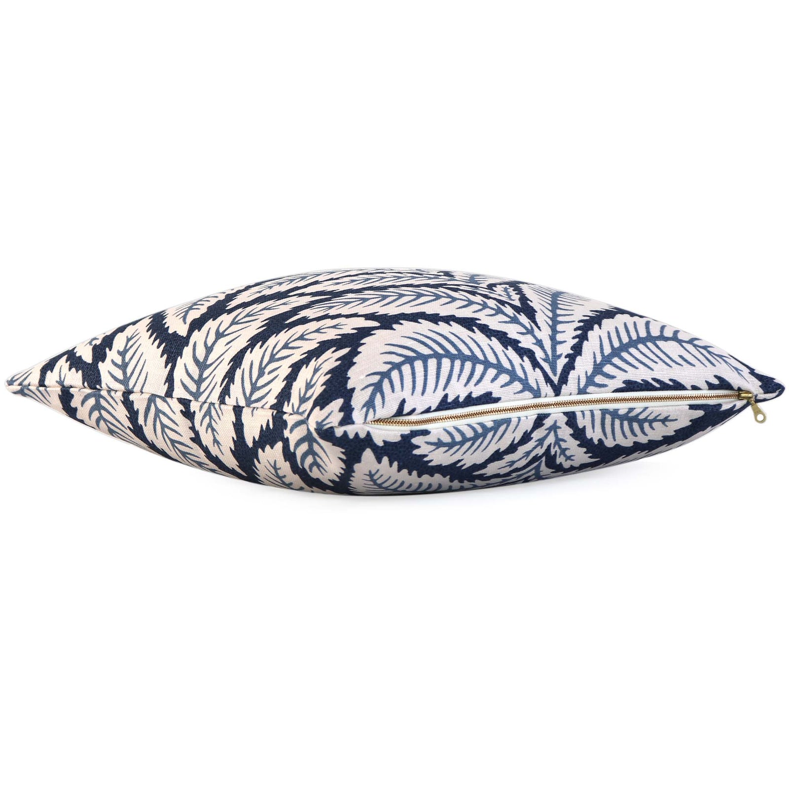 Brunschwig Fils Talavera Indigo Blue Palm Leaf Designer Throw Pillow Cover with Exposed Brass Zipper