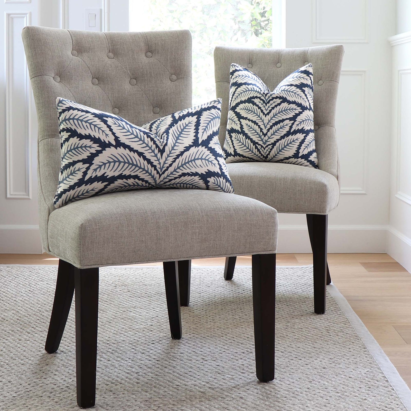 Brunschwig Fils Talavera Indigo Blue Palm Leaf Designer Throw Pillow Cover on Dining Chairs in Home