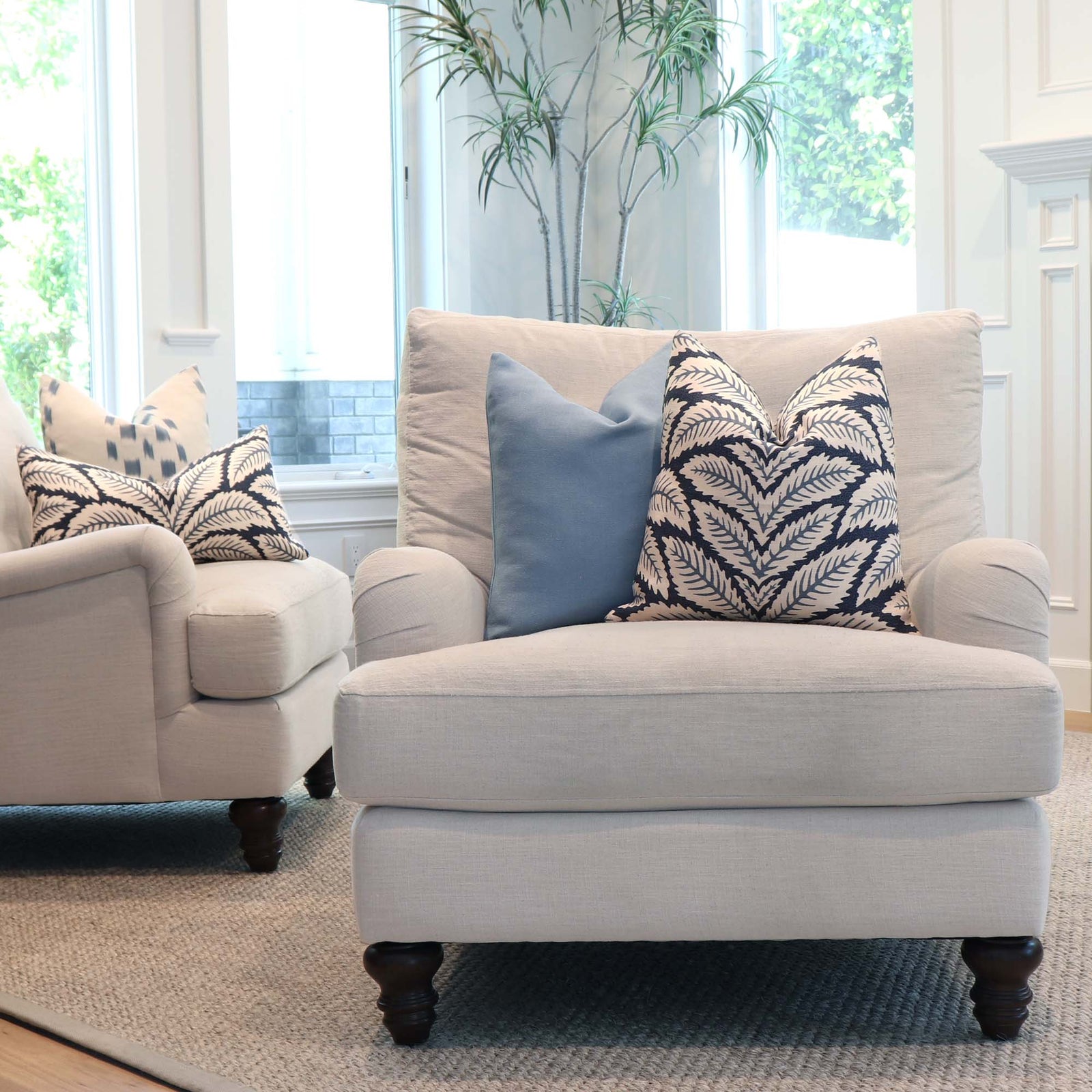 Brunschwig Fils Talavera Indigo Blue Palm Leaf Designer Throw Pillow Cover in Living Room