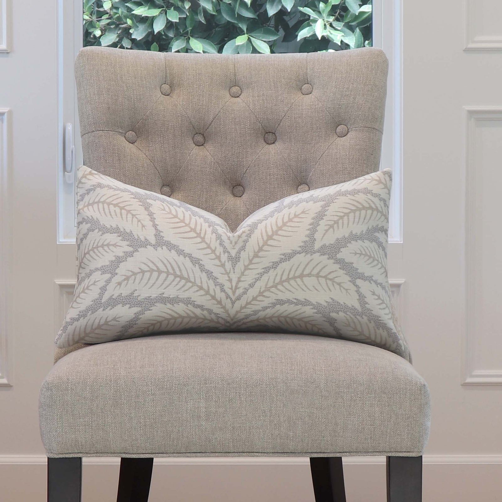 Brunschwig Fils Talavera Linen Birch Palm Designer Luxury Decorative Lumbar Throw Pillow Cover on Armless Chair