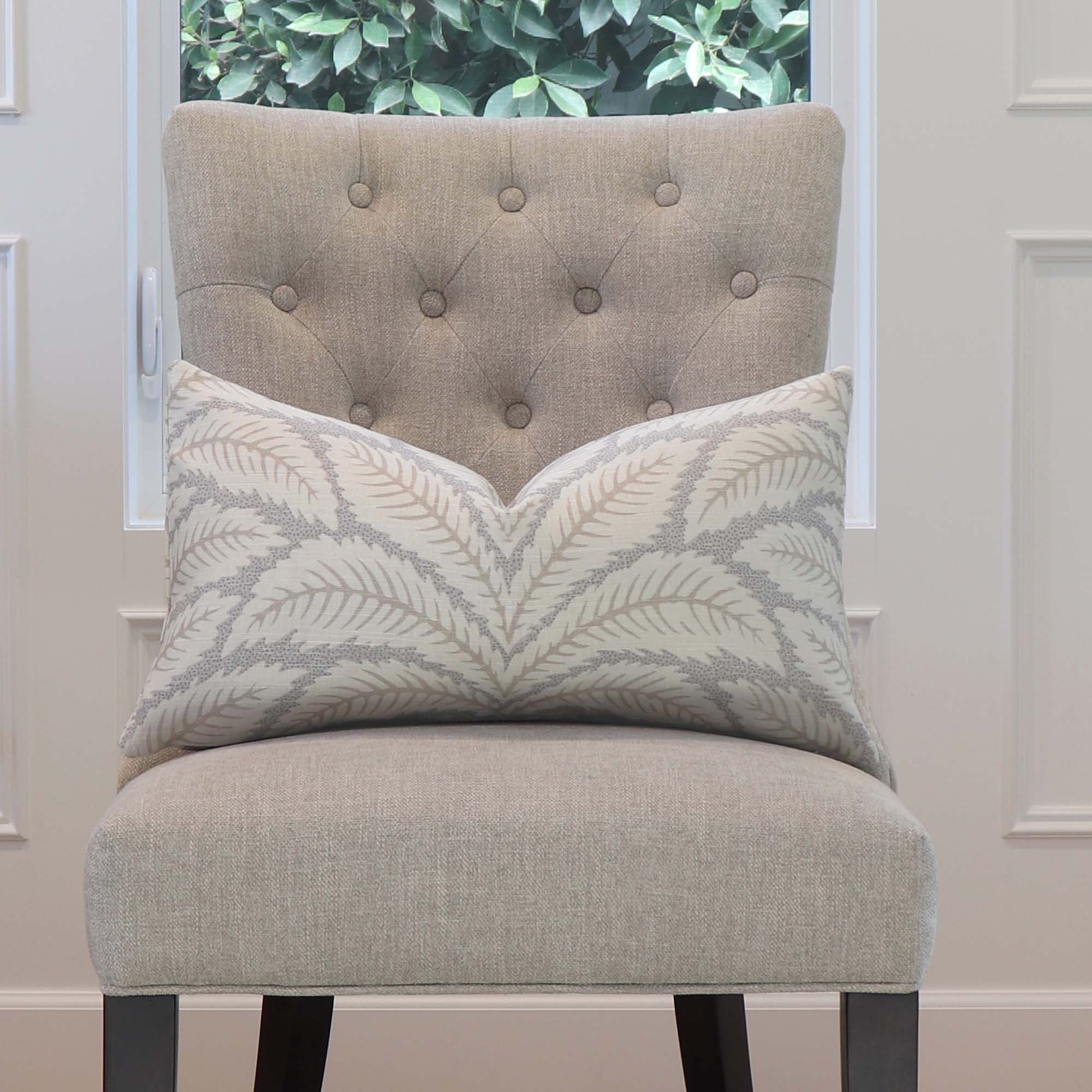 Brunschwig Fils Talavera Linen Birch Palm Designer Luxury Decorative Lumbar Throw Pillow Cover on Armless Chair