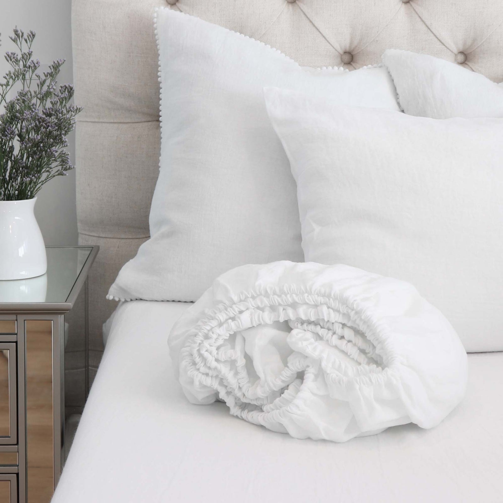 Fitted Bedding Sheet European White Linen OEKO-TEX for King or Queen Bed Edit alt text