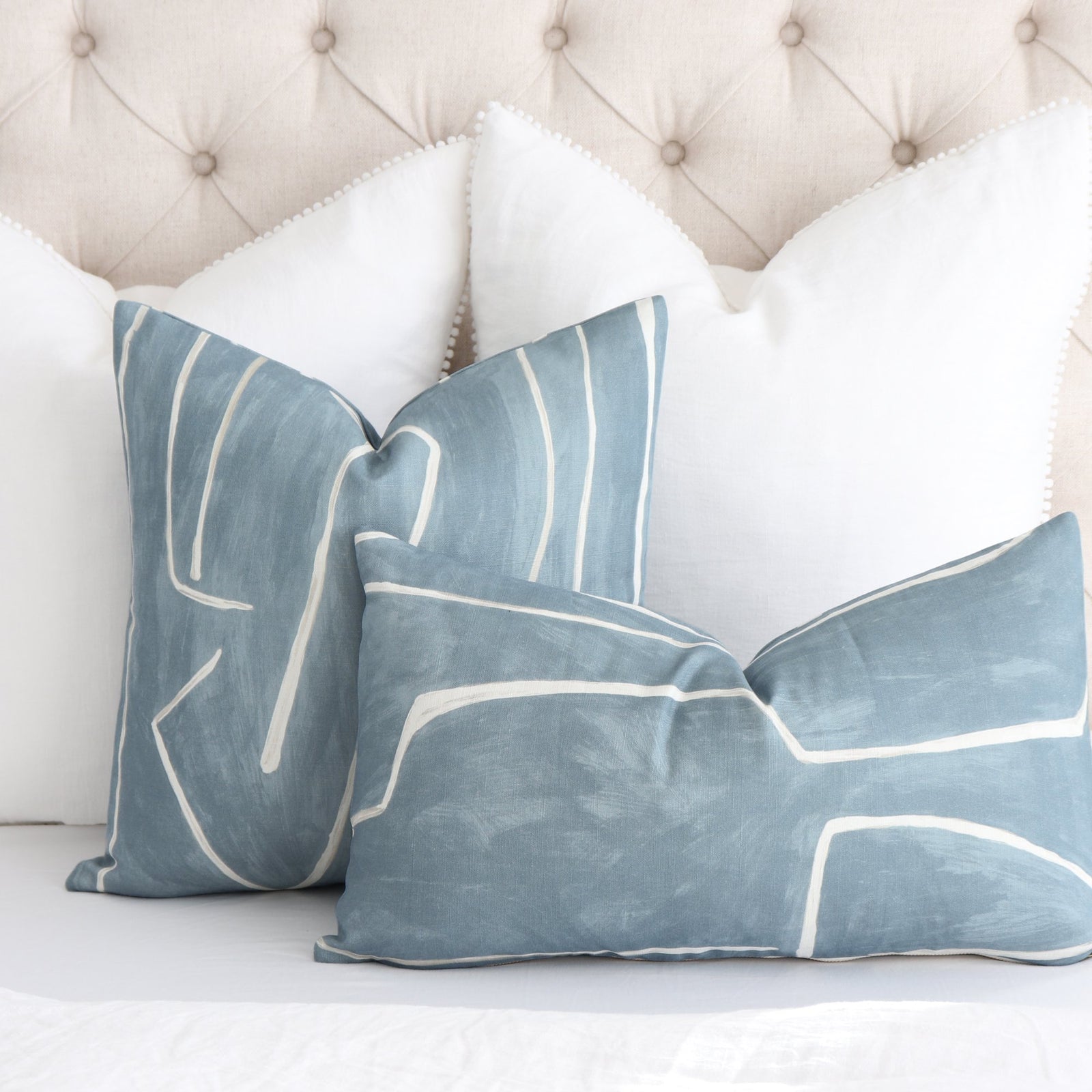 Kelly Wearstler Graffito Deep Sky Throw Pillow Cover in Bedroom