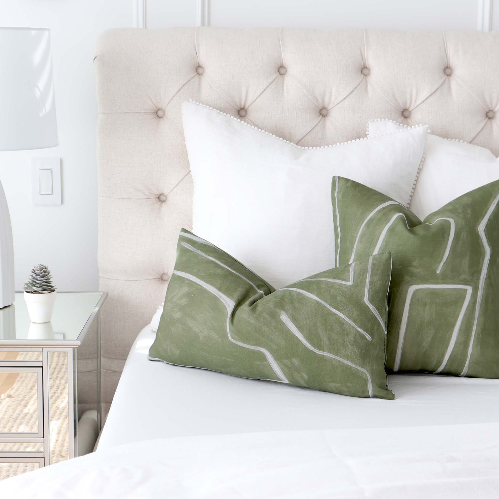 Kelly Wearstler Graffito Fern Green Designer Throw Pillow Cover in Bedroom on King Size Bed