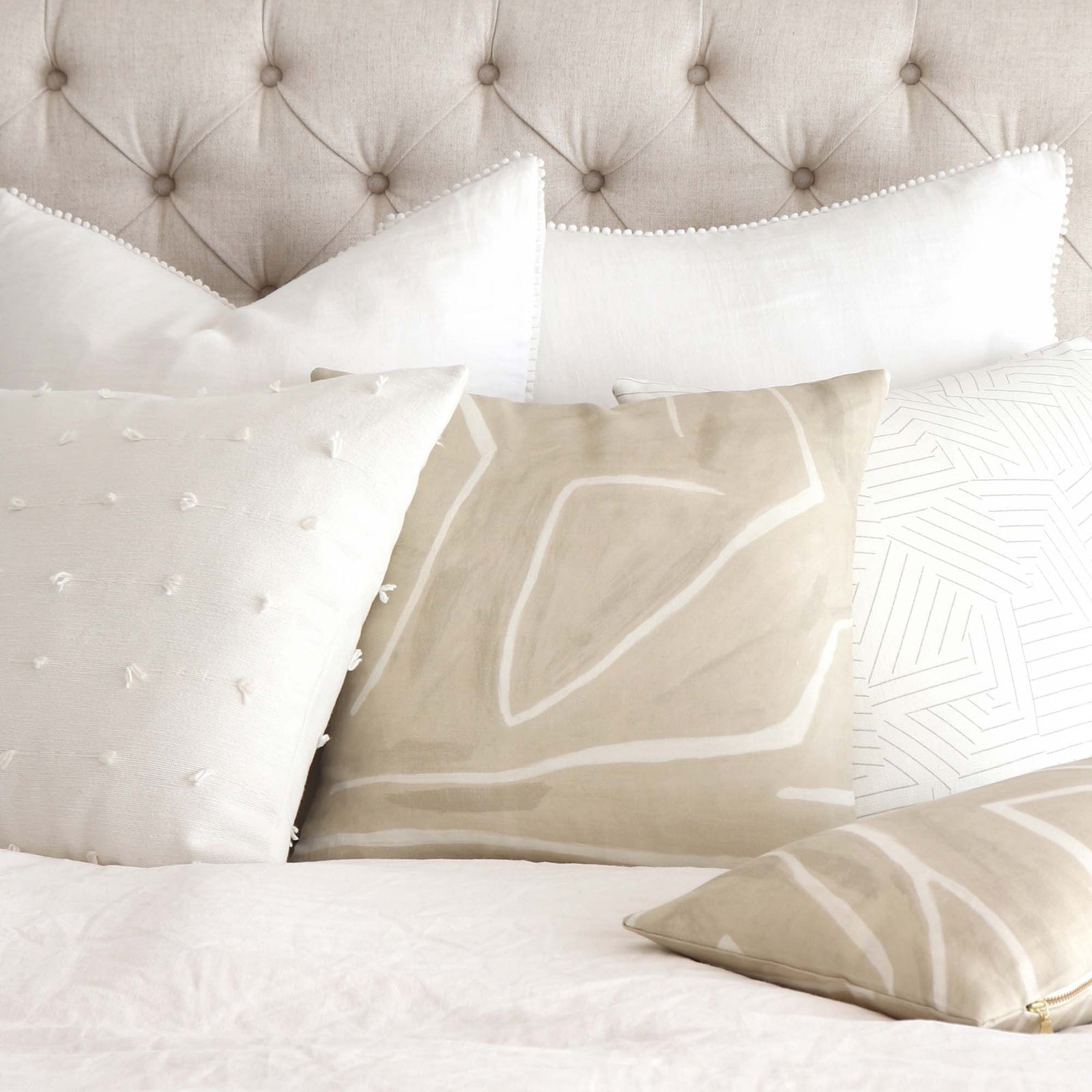 Graffito Kelly Wearstler Beige Geometric Throw Pillow Cover in Bedroom on King Bed