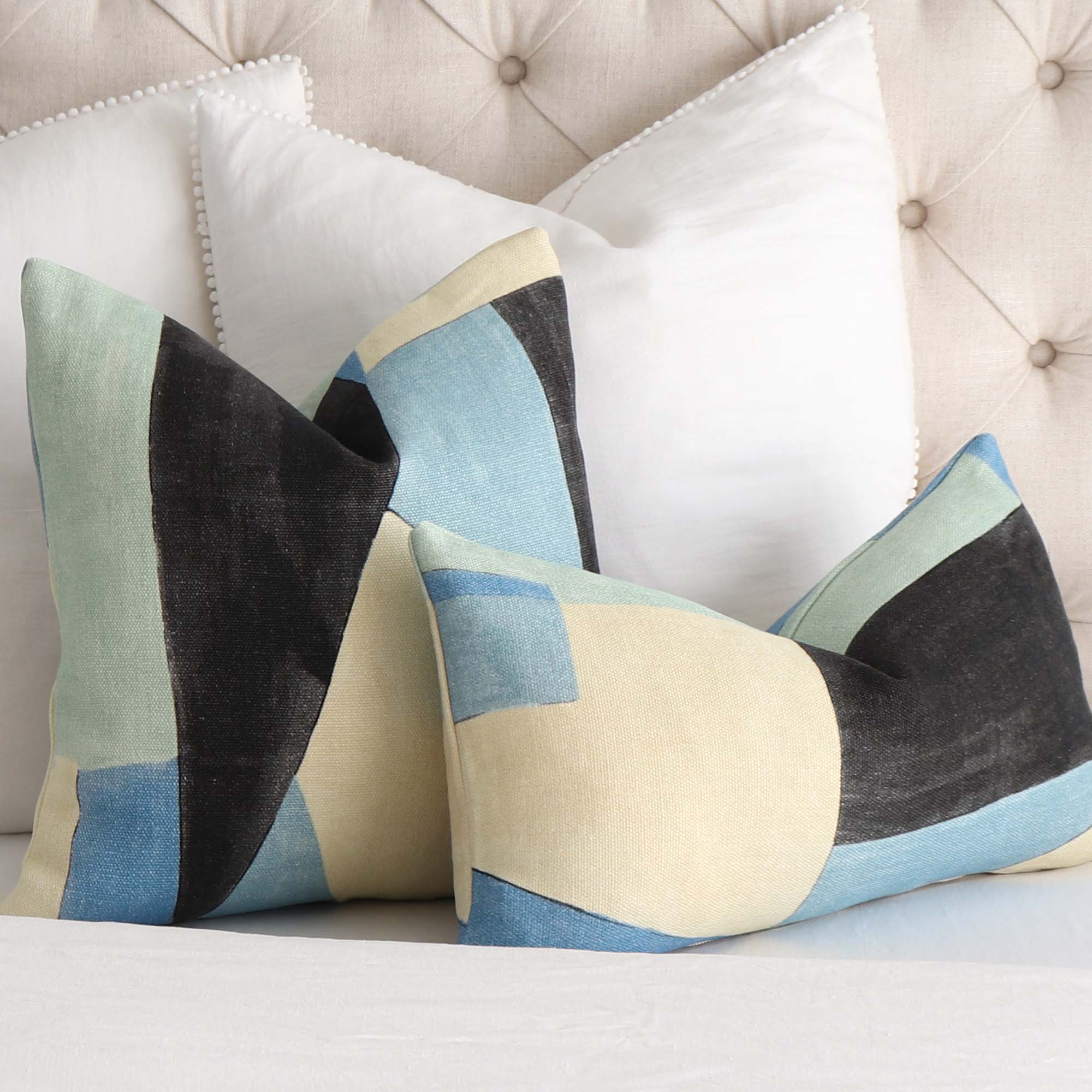 Kelly Wearstler District Cobalt Geometric Designer Throw Pillow Cover on Queen Bed
