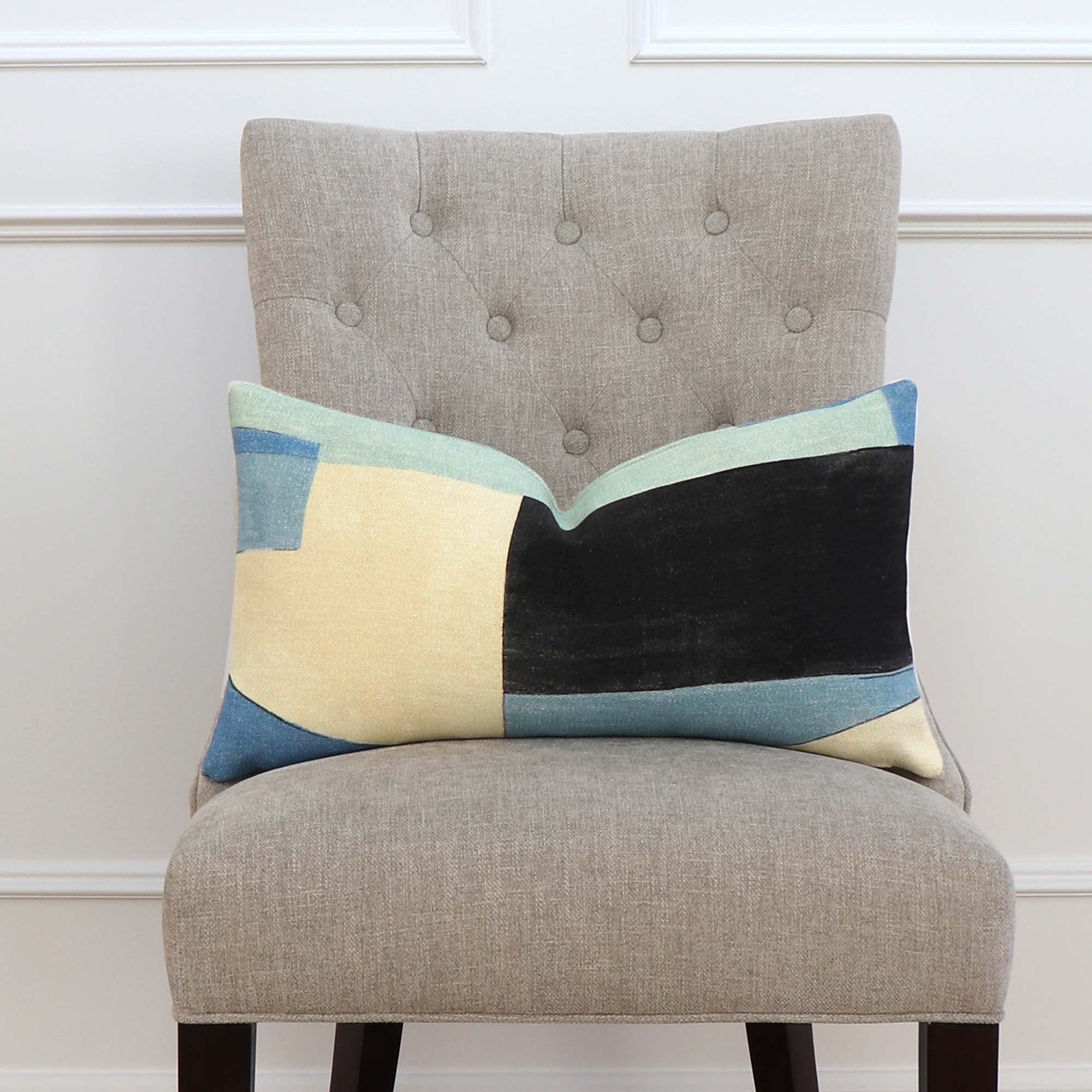 Kelly Wearstler District Cobalt Geometric Designer Lumbar Throw Pillow Cover on Accent Chair
