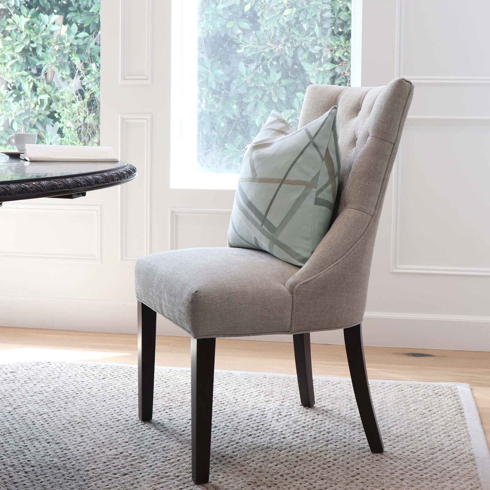 Kelly Wearstler Simpatico Cinder Light Blue Striped Designer Decorative Throw Pillow Cover on Armless Chair in Home