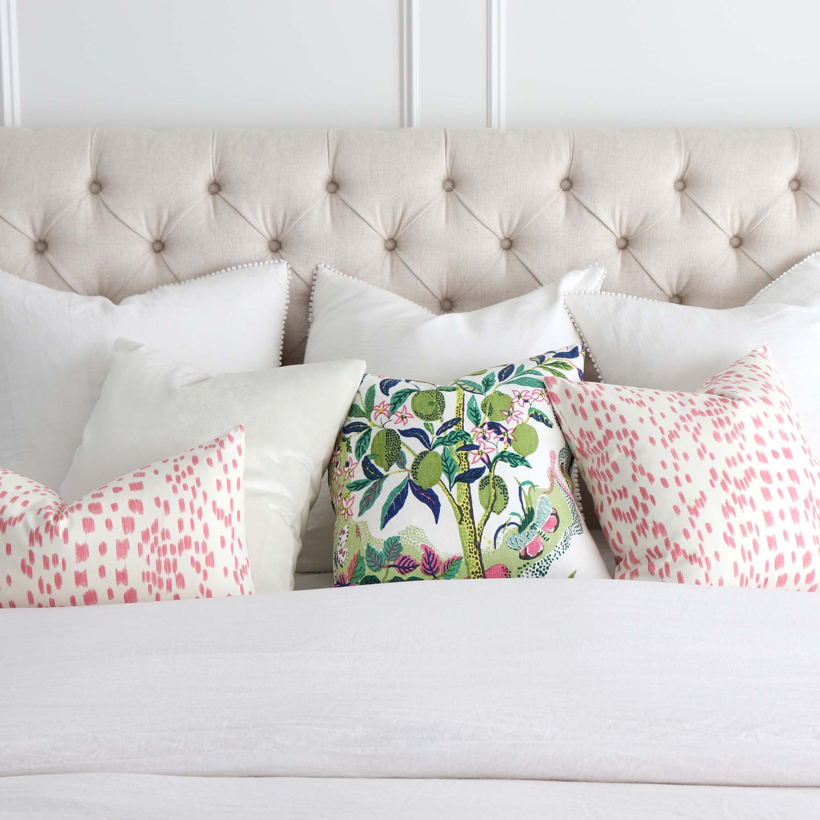 Les Touches Petal Pink Designer Throw Pillow Cover on King Bed