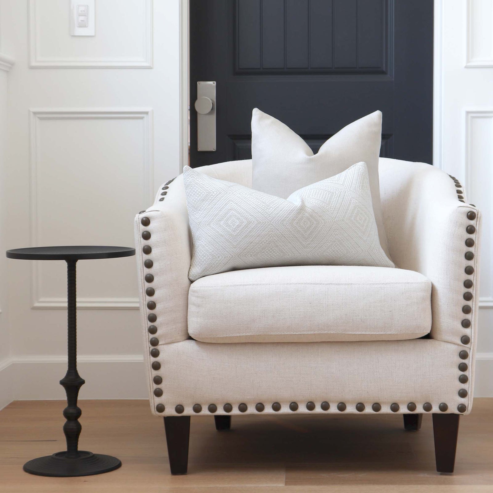 Scalamandre Antigua Weave Alabaster White Geometric Diamond Designer Luxury Throw Pillow Cover on Accent Chair in Home