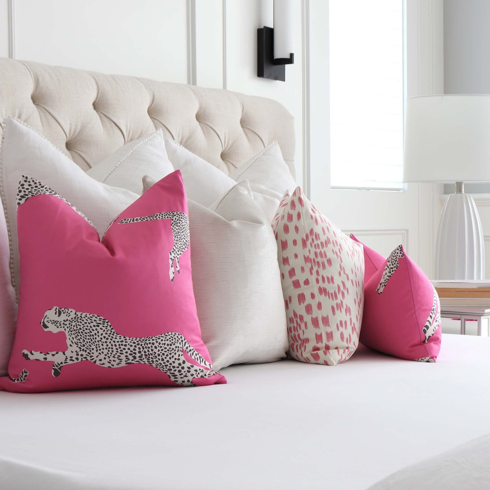 Scalamandre Leaping Cheetah Bubblegum Pink Animal Print Luxury Decorative Throw Pillow Cover with Matching Throw Pillows For Bedroom