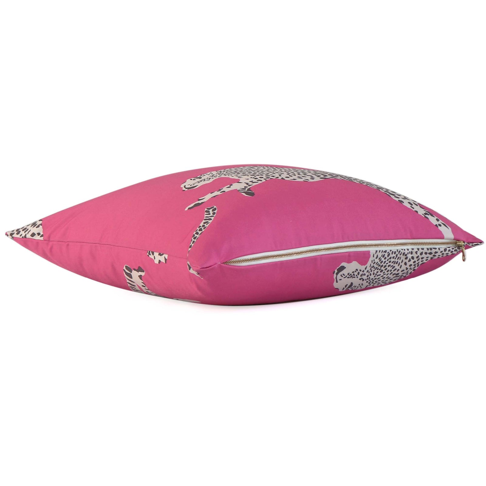 Scalamandre Leaping Cheetah Bubblegum Pink Animal Print Luxury Decorative Throw Pillow Cover with Exposed Brass Gold Shiny Zipper