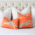 Scalamandre Leaping Cheetah Clementine Orange Luxury Throw Pillow Cover with Oversized White Euro Shams on Bed