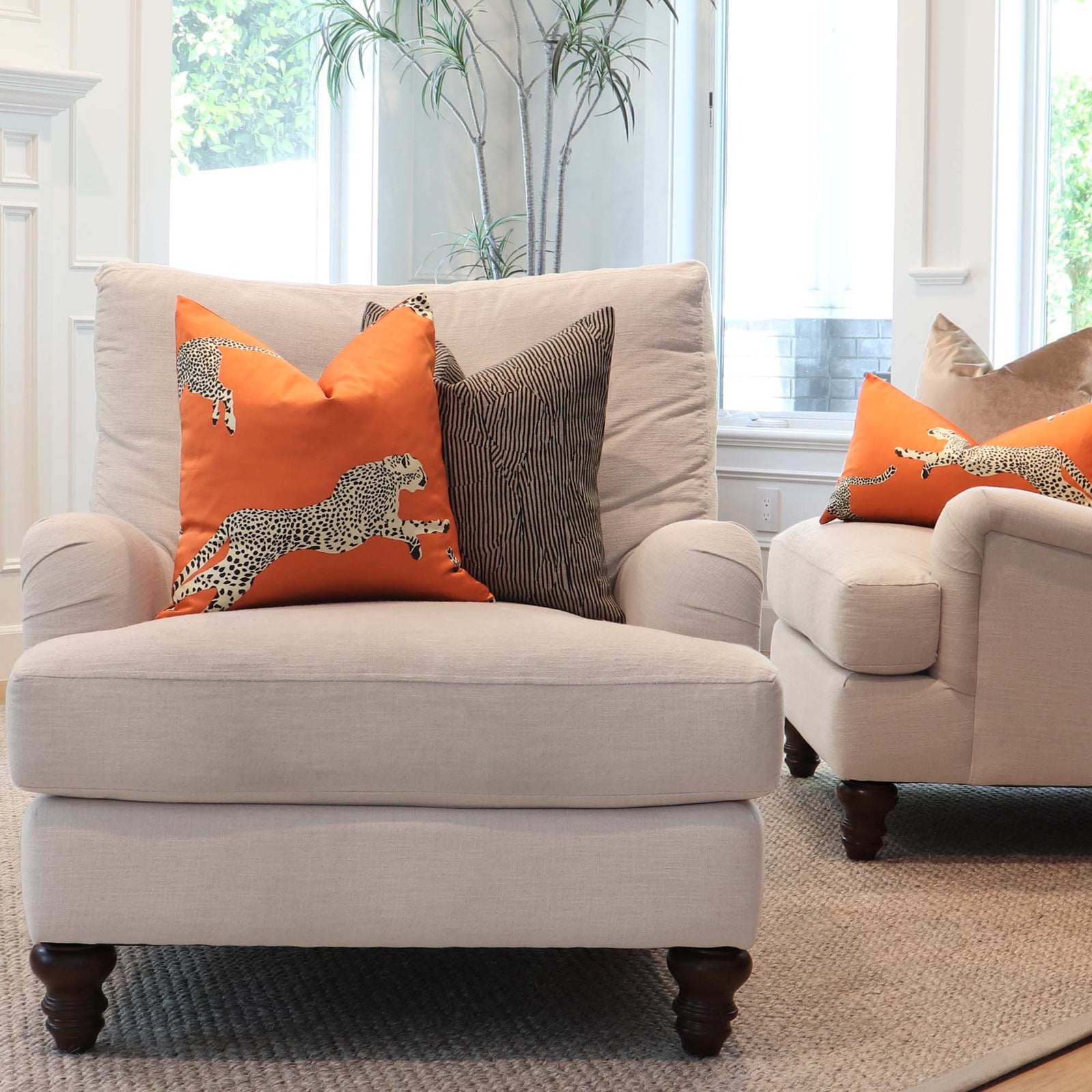 Scalamandre Leaping Cheetah Clementine Orange Luxury Throw Pillow Cover in Living Room