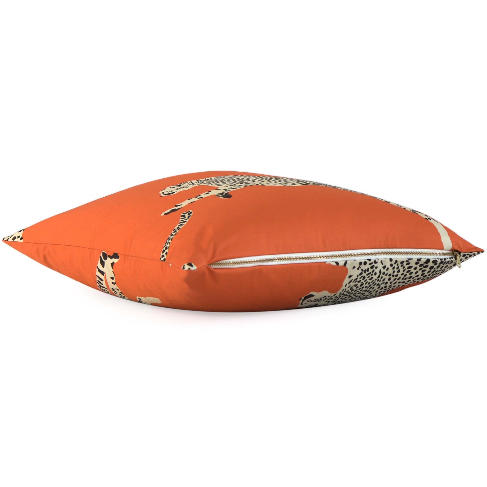 Scalamandre Leaping Cheetah Clementine Orange Luxury Throw Pillow Cover with Exposed YKK Brass Gold Zipper