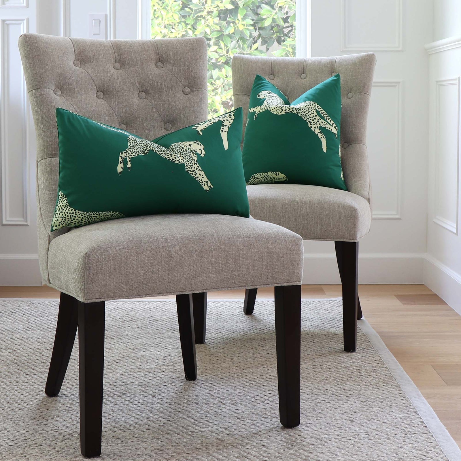 Scalamandre Leaping Cheetah Evergreen Green Animal Print Designer Decorative Throw Pillow Cover for Dining Room Chairs