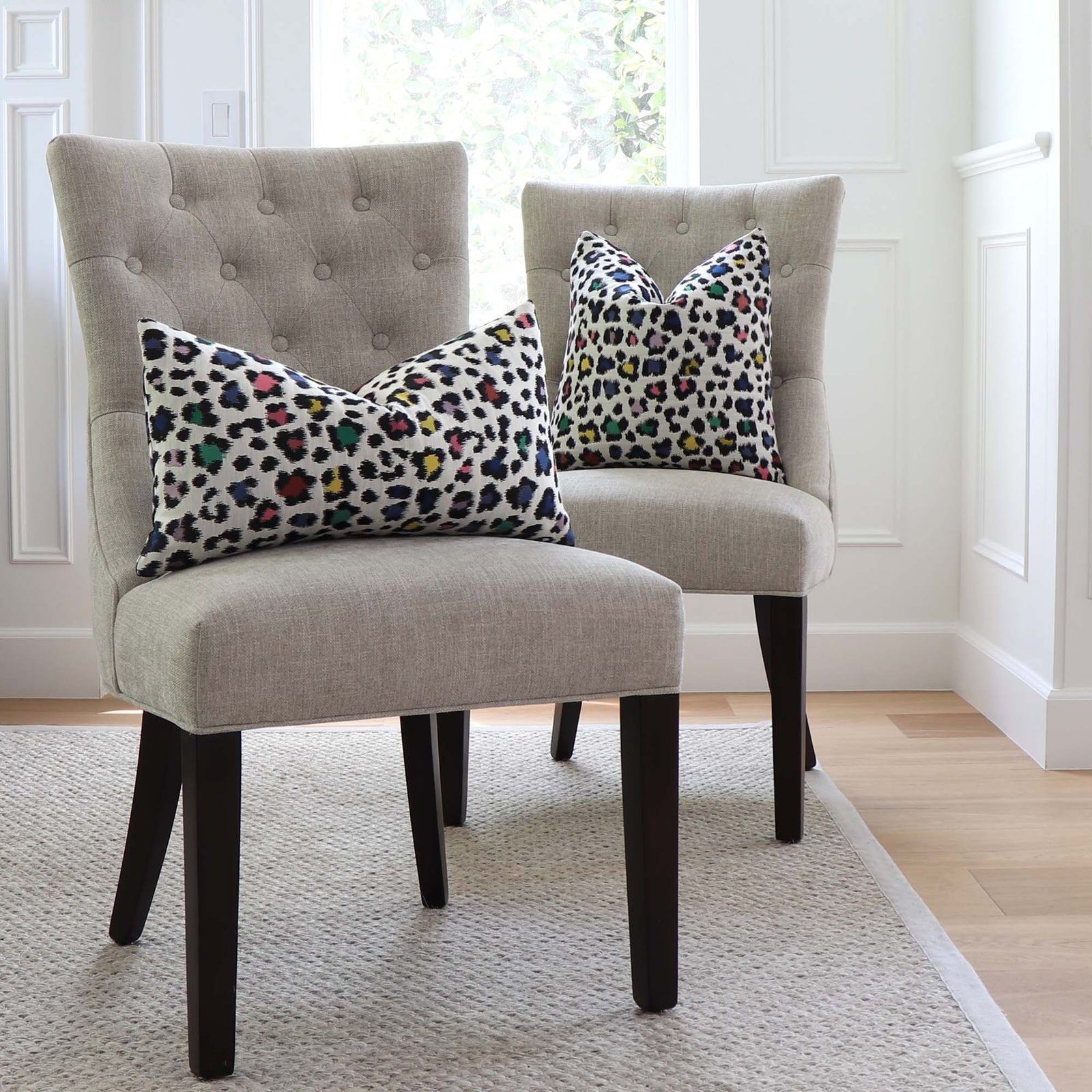 Scalamandre Rosette Disco Woven Colorful Animal Luxury Throw Pillow Cover on Dining Chairs in Home Decor