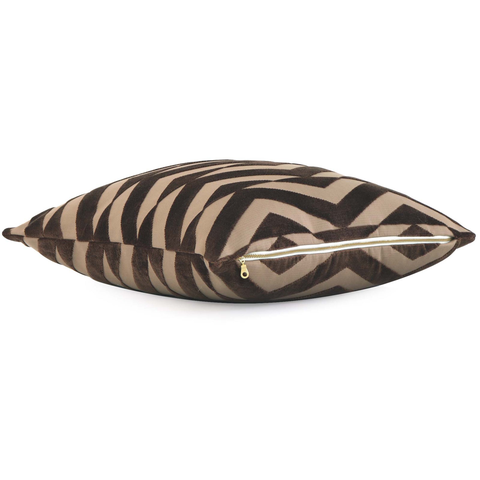 Schumacher Broken Chevron Brown and Camel Cut Velvet Decorative Designer Throw Pillow Cover with Exposed Brass Gold YKK Zipper
