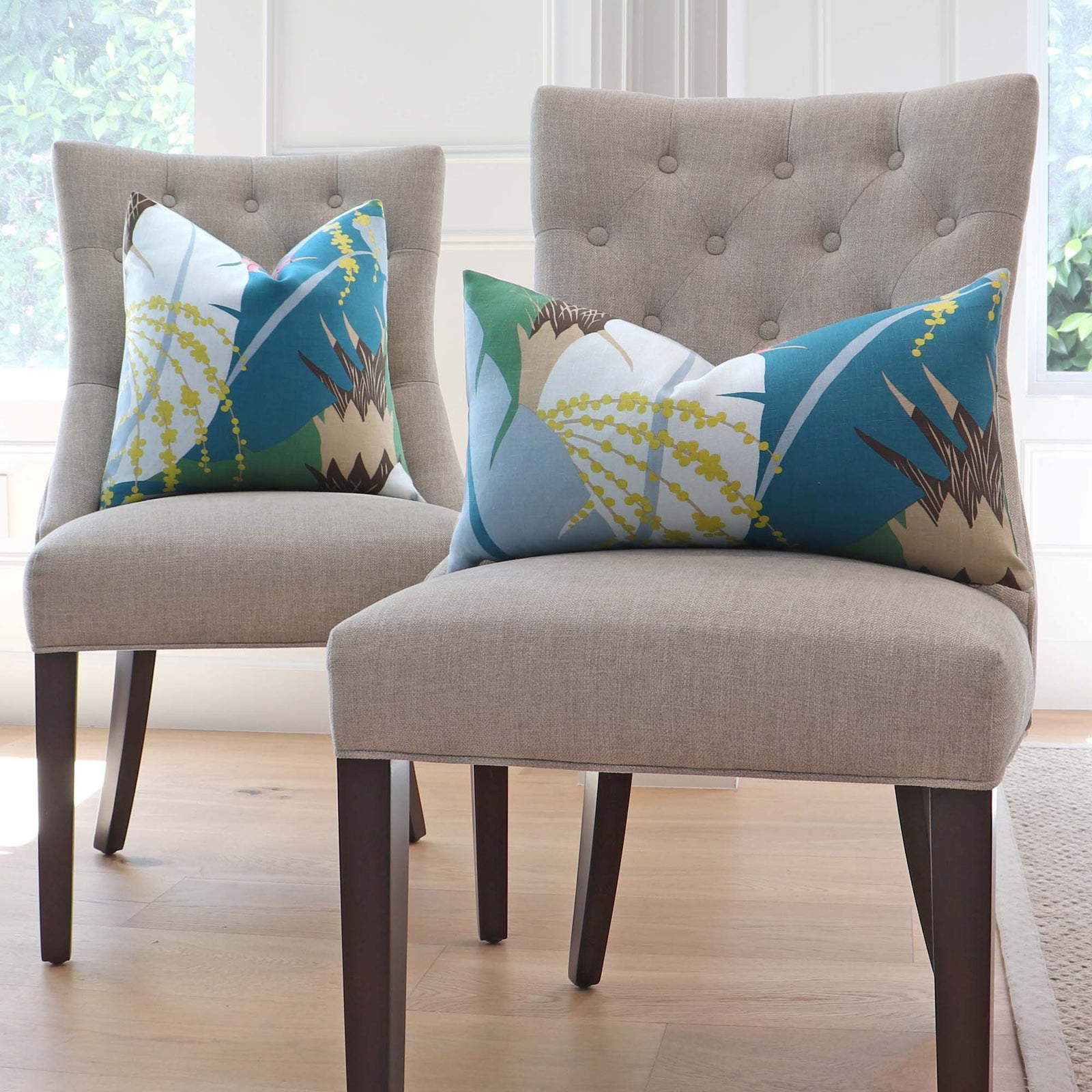 Schumacher Ananas Peacock Blue Pineapple Designer Luxury Throw Pillow Cover on Side Chairs