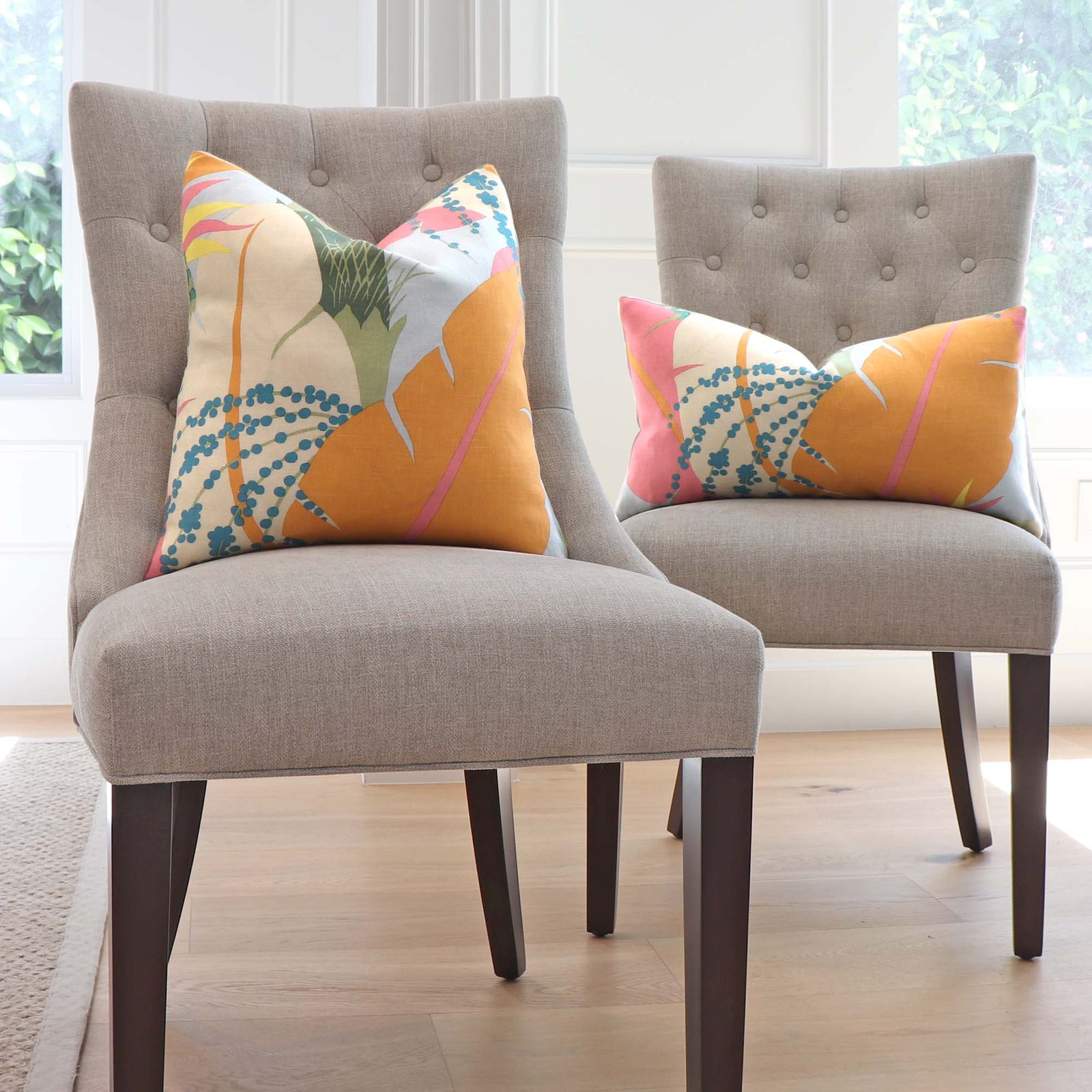 Schumacher Ananas Tropical Pineapple Designer Luxury Throw Pillow Cover on Dining Chairs in Home