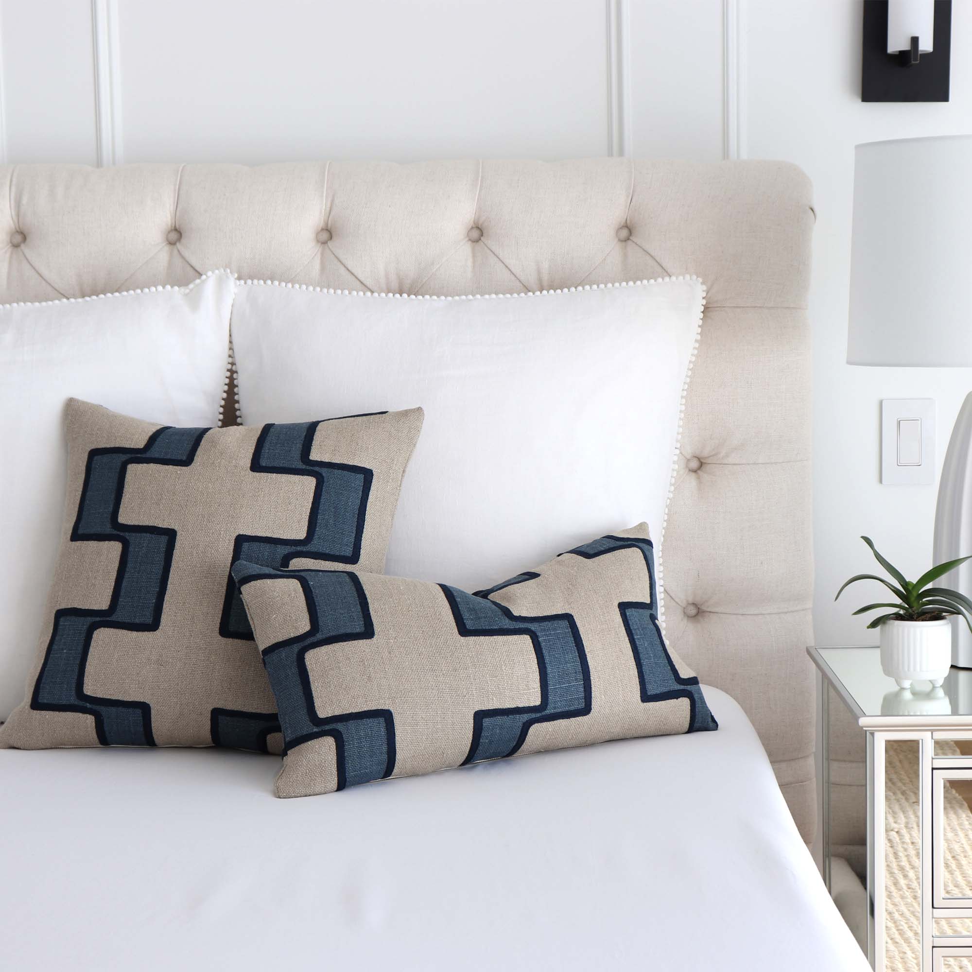 Schumacher Dixon Embroidered Blue Linen Luxury Designer Throw Pillow Cover