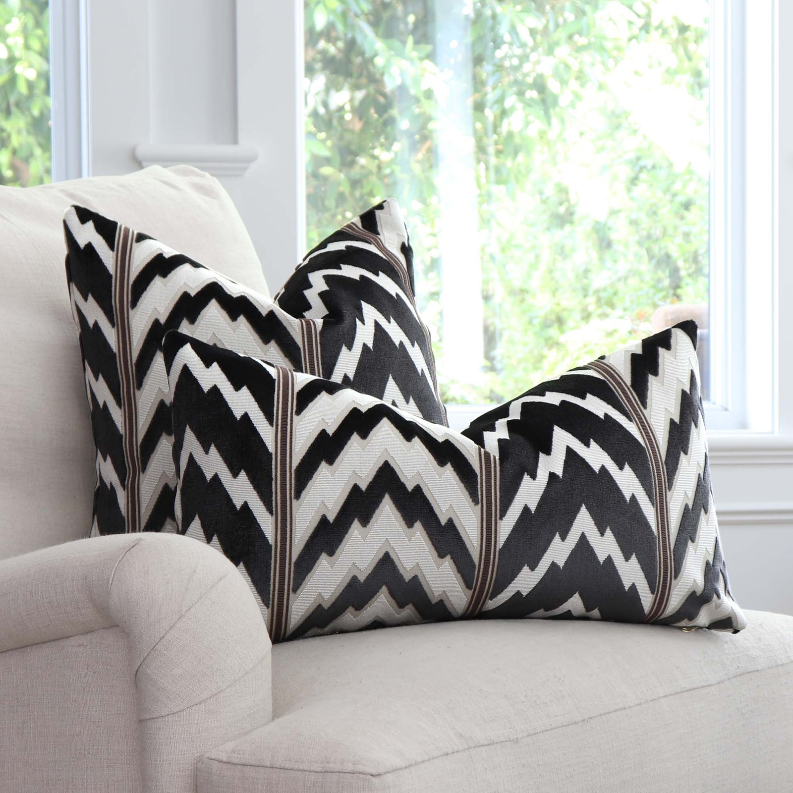 Schumacher Florentine Velvet Black Chevron Designer Luxury Decorative Throw Pillow Cover on Accent Arm Chair in Home
