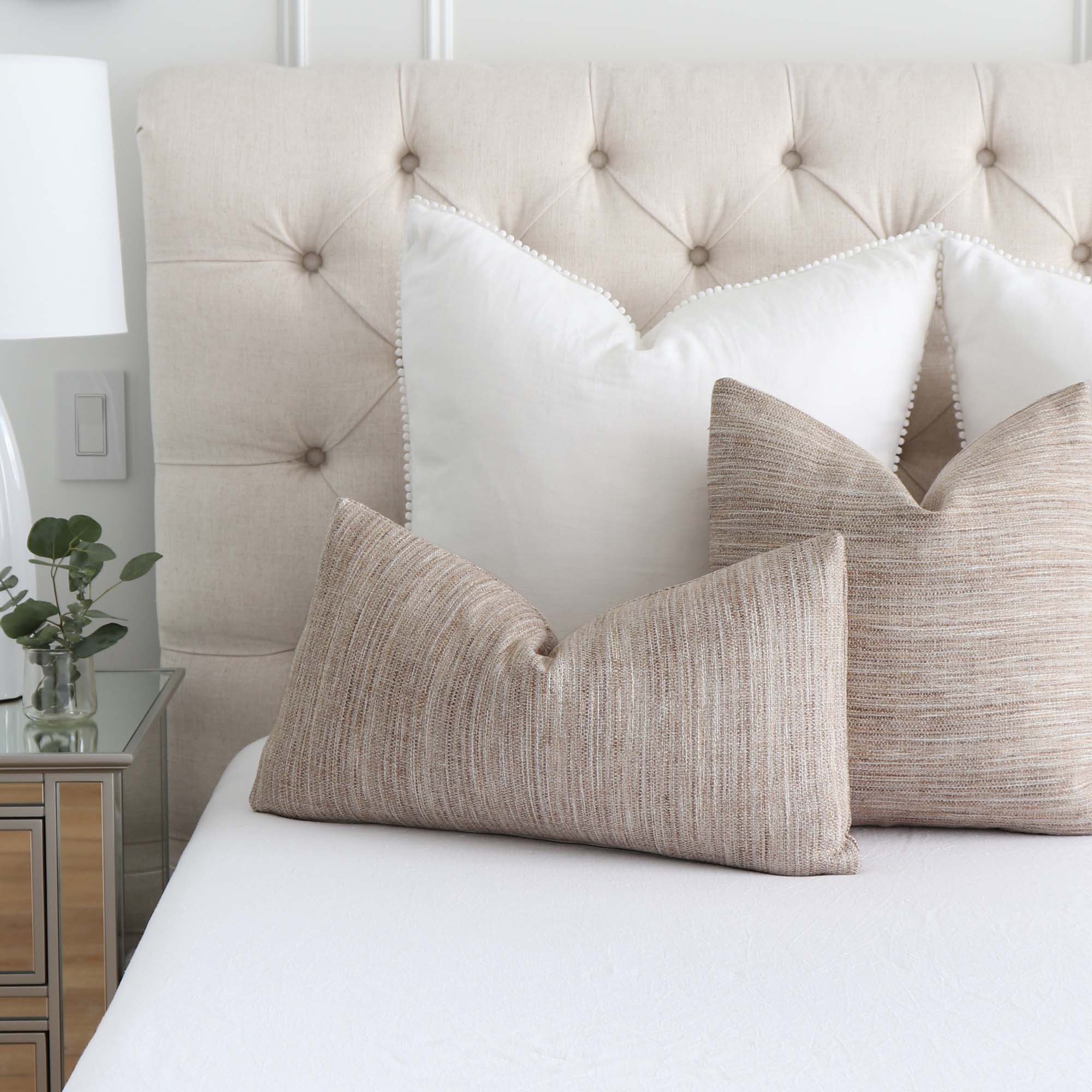 Schumacher Formentera Performance Sand Textured Tweed Designer Decorative Throw Pillow Cover on Bed
