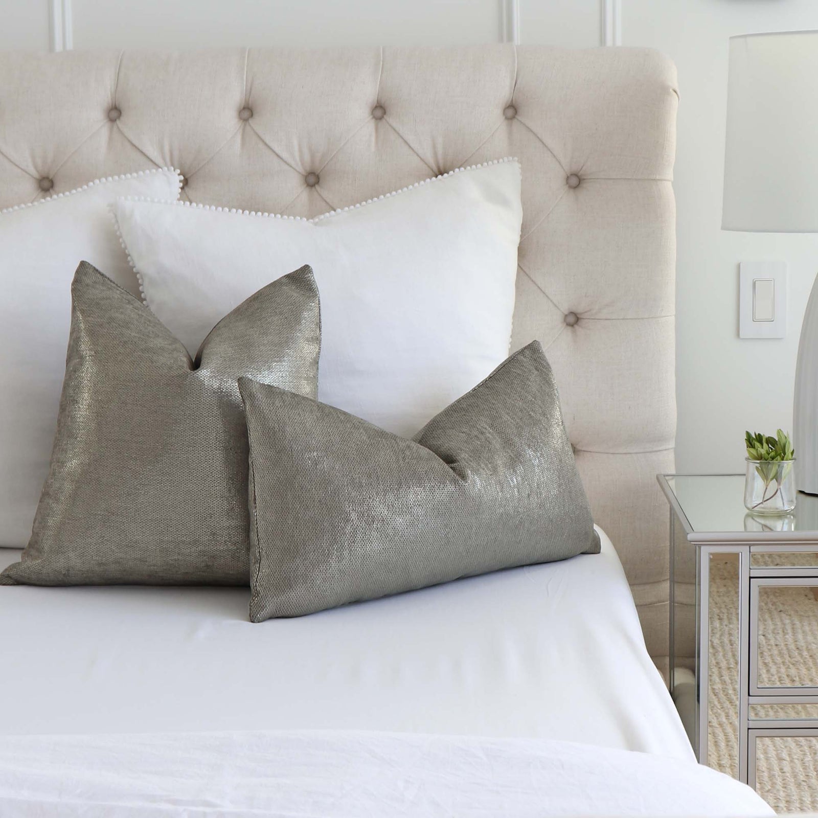 Schumacher Glimmer Mineral Textured Designer Luxury Throw Pillow Cover on Bed with White Euro Pillows