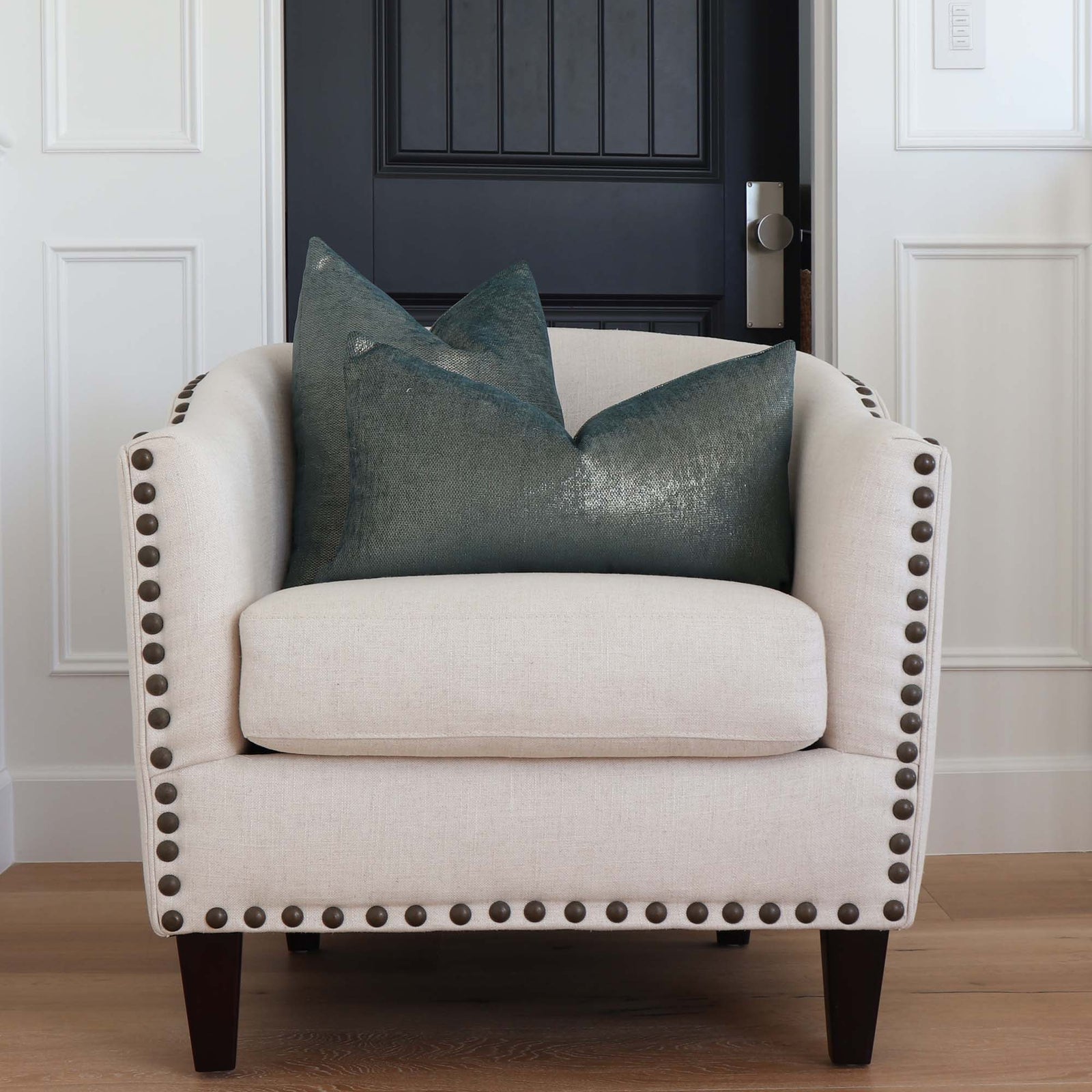 Schumacher Glimmer Peacock Blue Designer Luxury Throw Pillow Cover on Lounge Chair in Home Decor