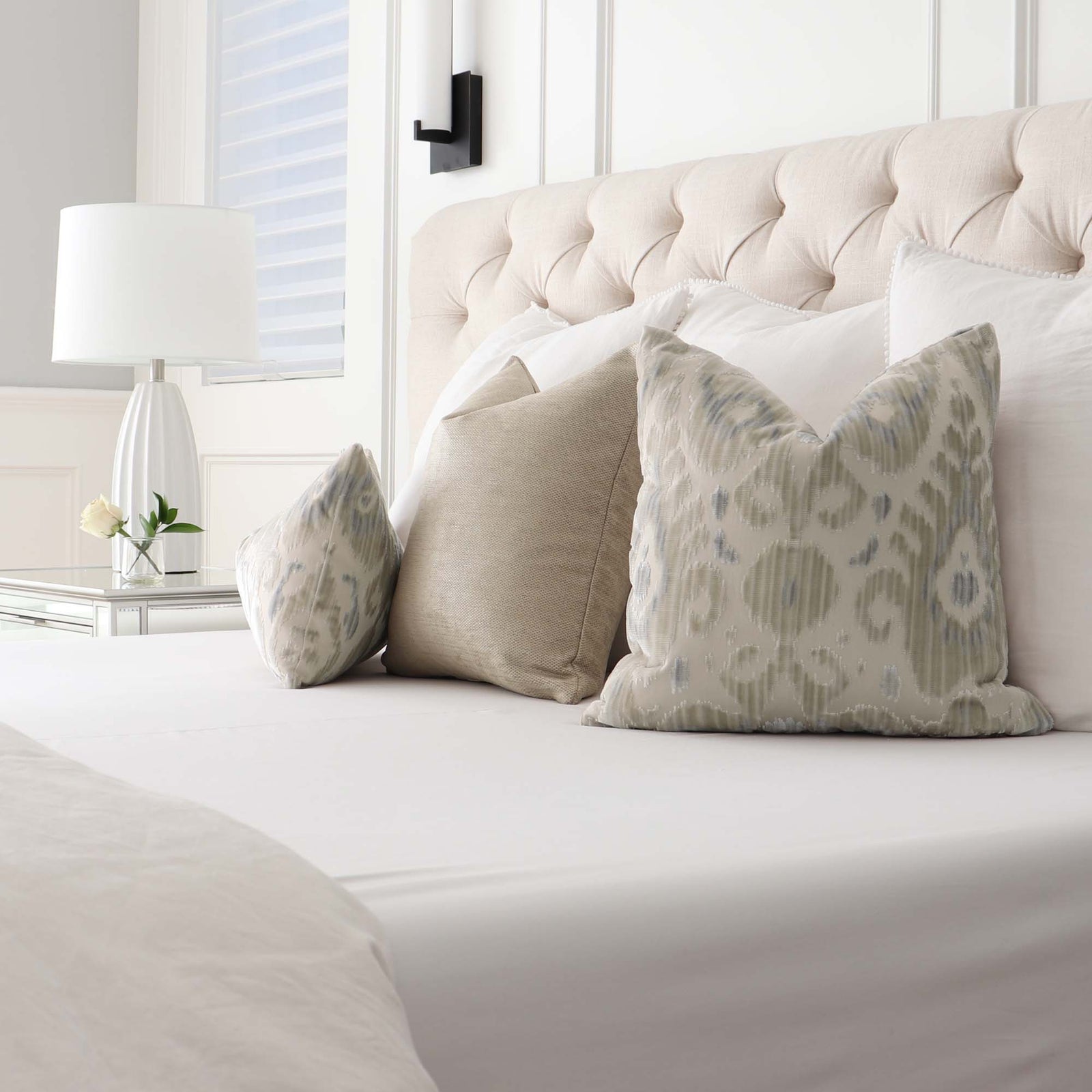 Schumacher Glimmer Champagne Textured Solid Designer Throw Pillow Cover in Bedroom