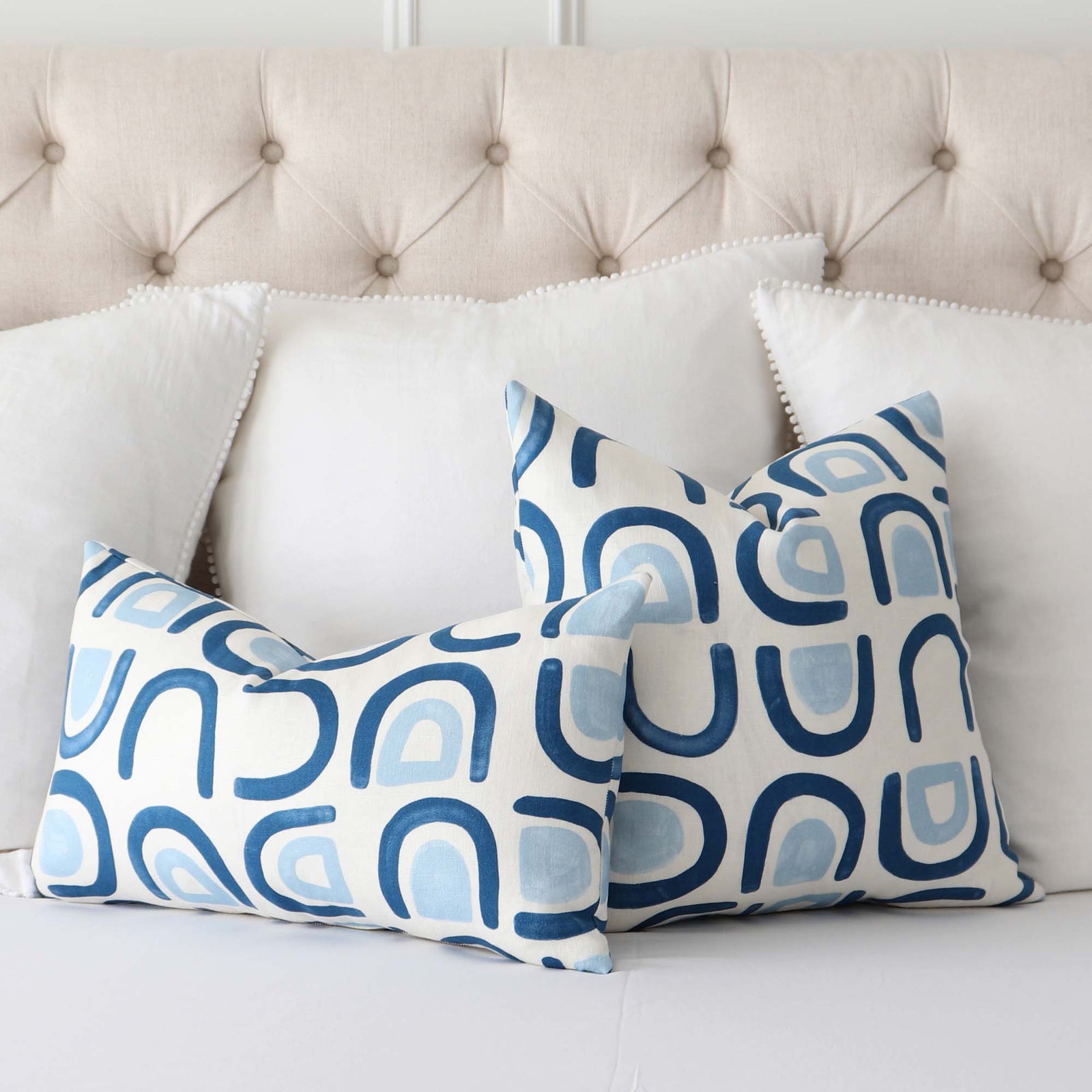Schumacher Hidaya Williams Threshold Lapis Blue Graphic Print Designer Linen Decorative Throw Pillow Cover on Bed with Large White Pillows