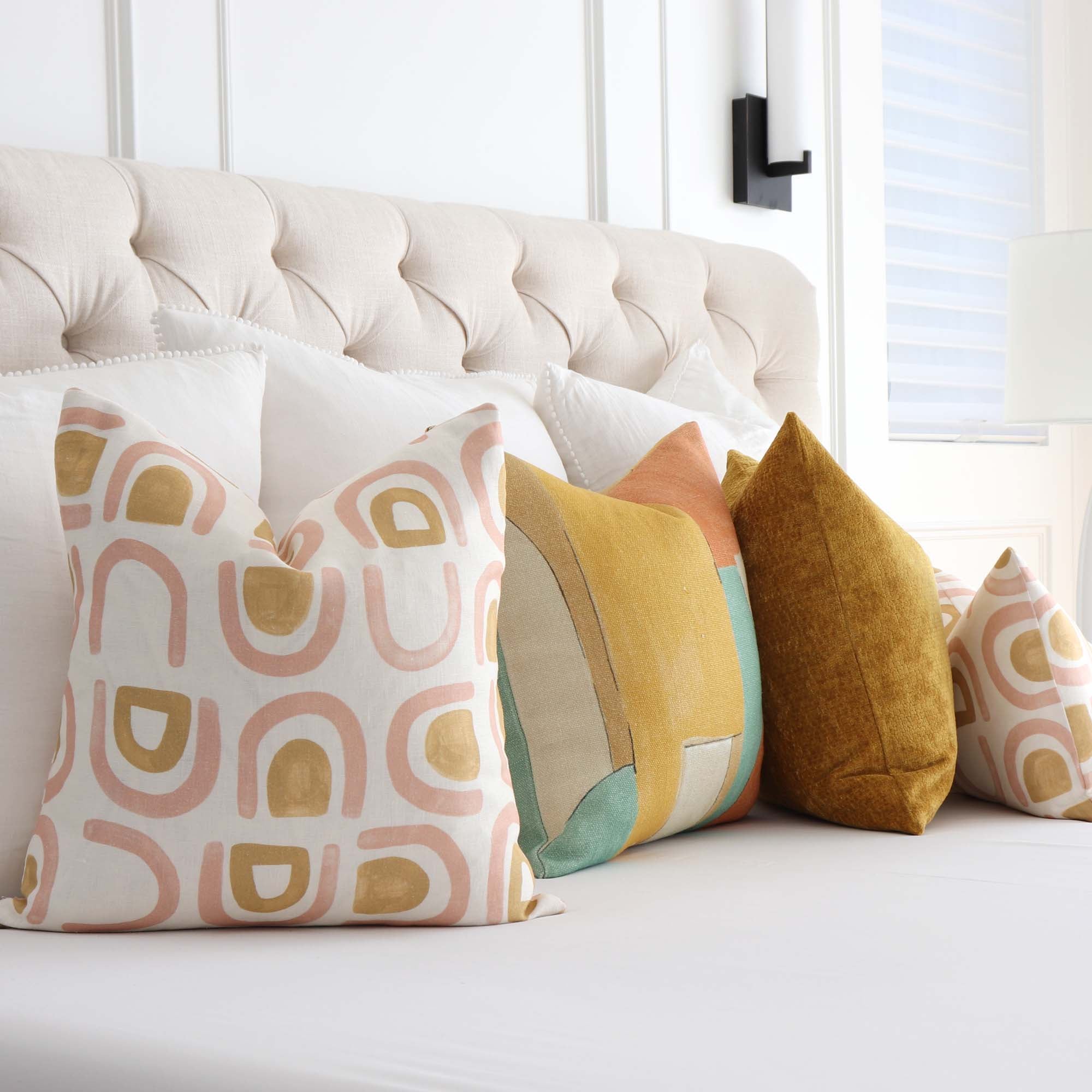 Schumacher Hidaya Williams Threshold Salt Ochre Graphic Print Linen Decorative Designer Throw Pillow Cover in Bedroom with Coordinating Throw Pillows