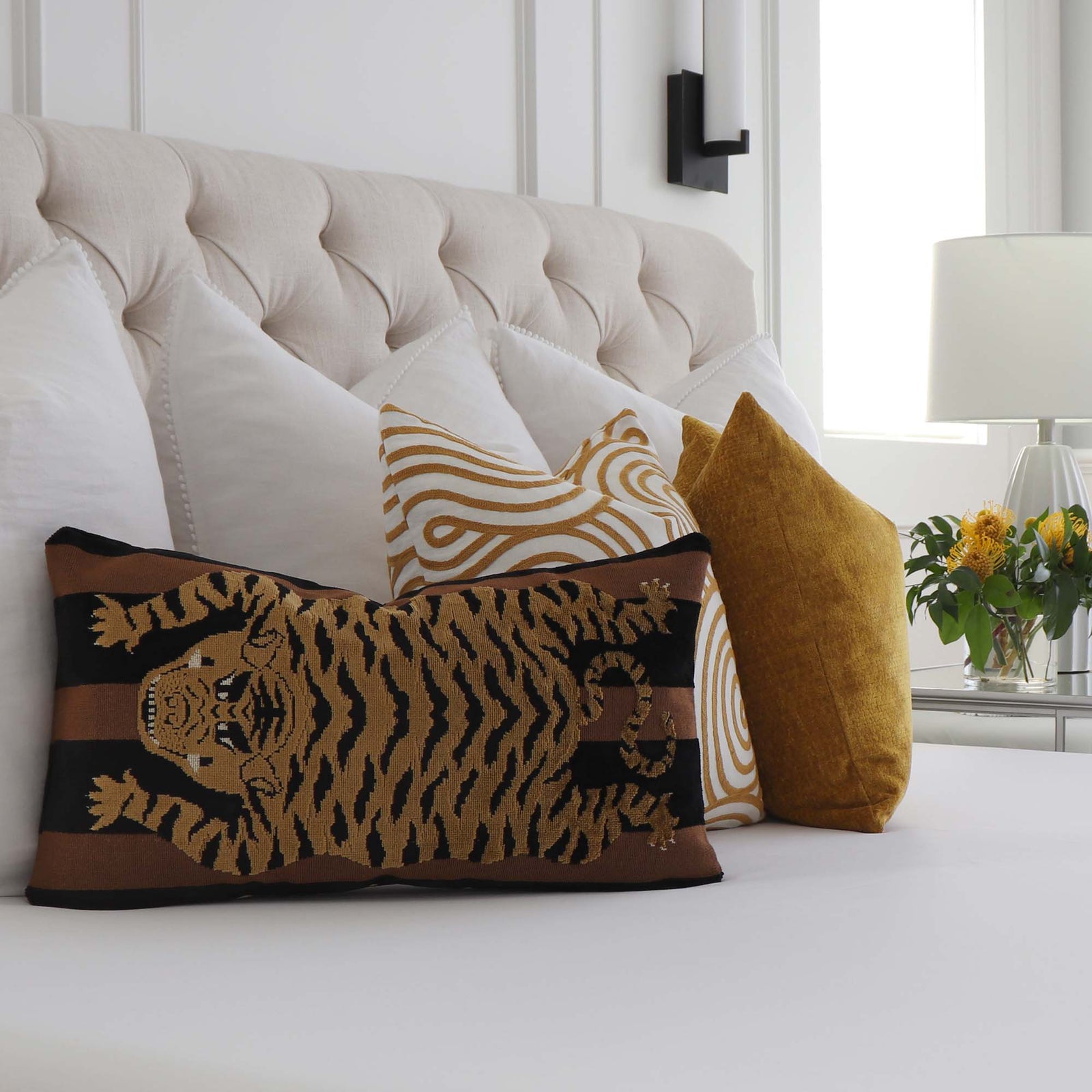 Schumacher Jokhang Tiger Velvet Brown / Black Luxury Designer Throw Pillow Cover with Coordinating Throw Pillows in Bedroom