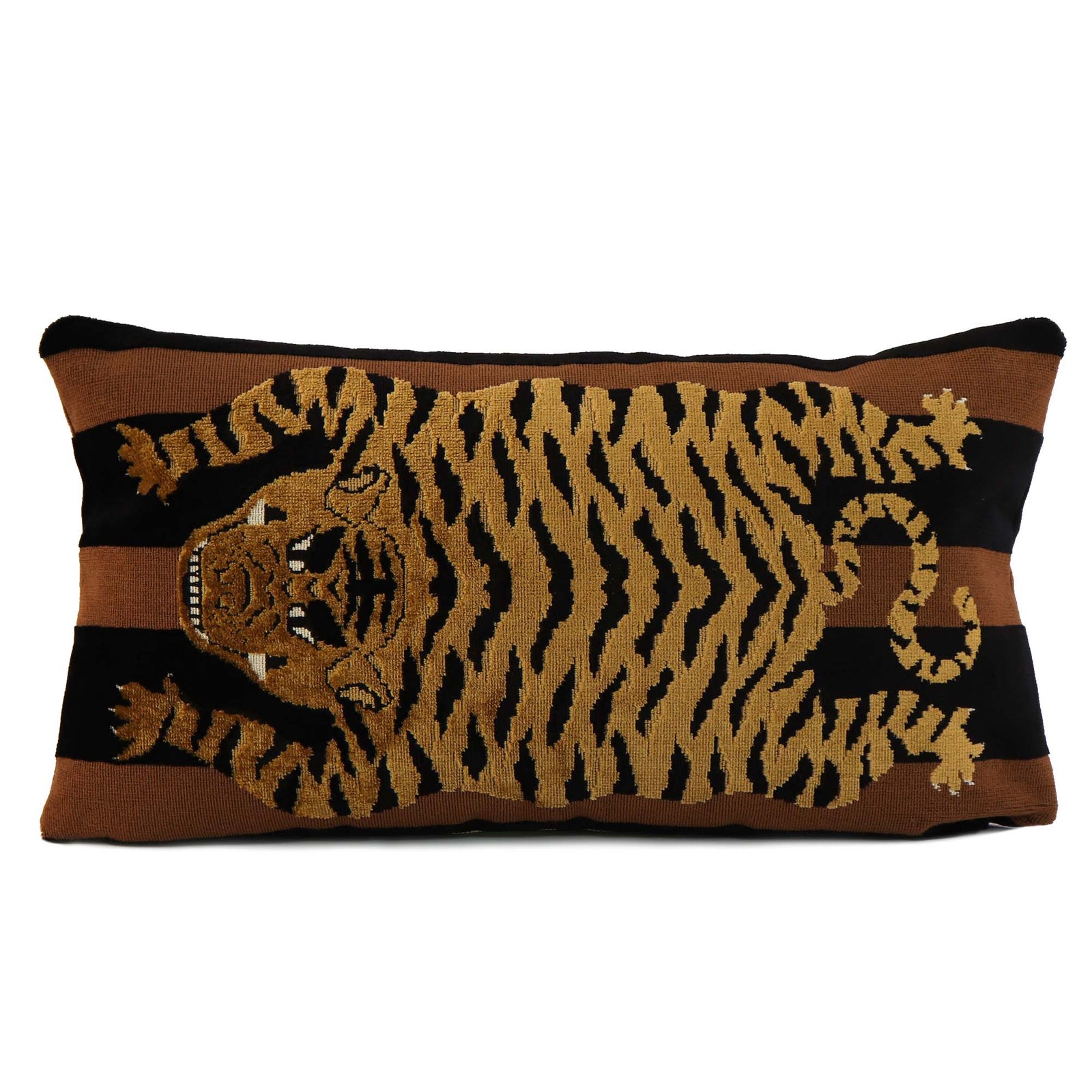 Schumacher Jokhang Tiger Velvet Brown / Black Luxury Designer Throw Pillow Cover Left Facing