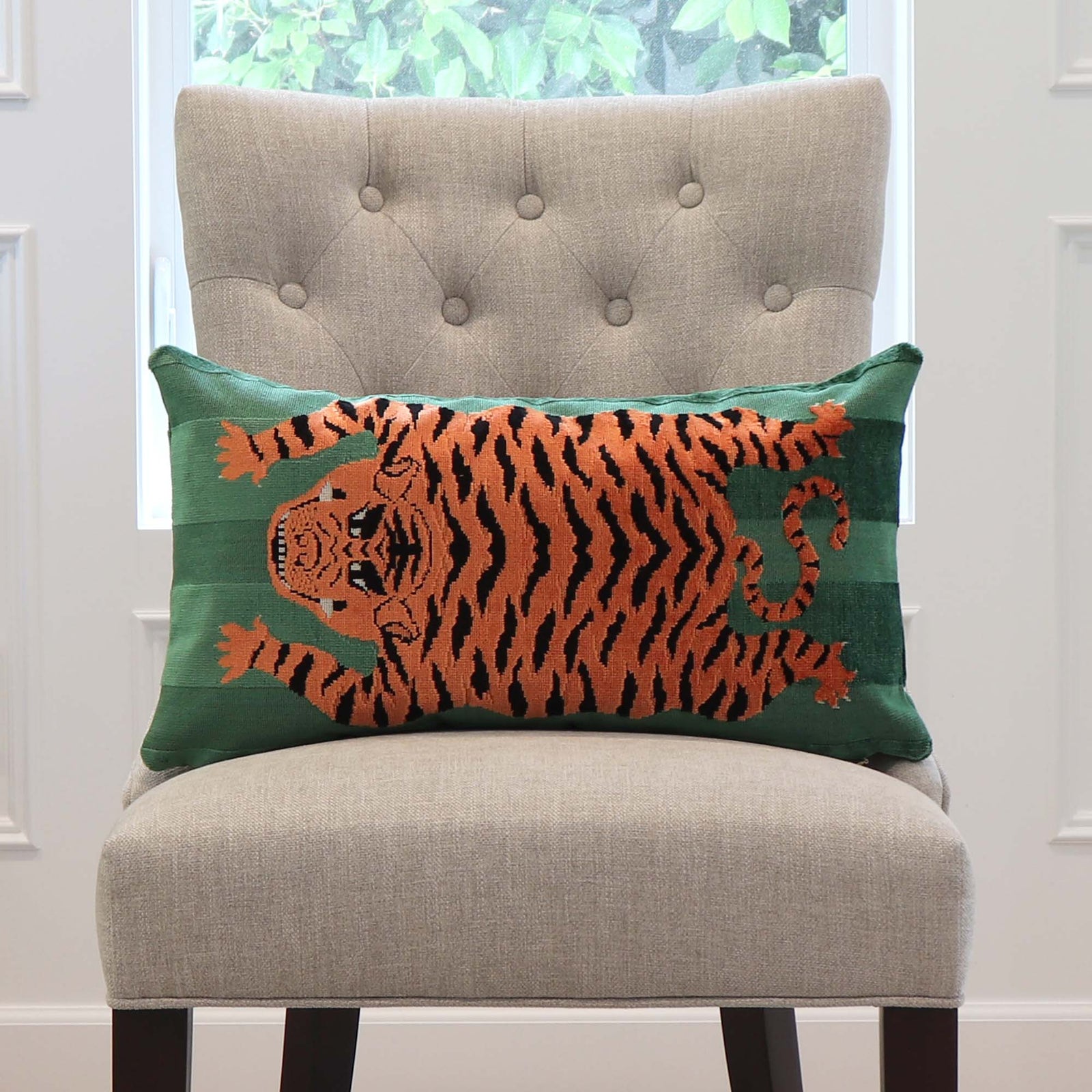 Schumacher Jokhang Tiger Velvet Green Luxury Designer Throw Pillow Cover on Dining Chair in Home