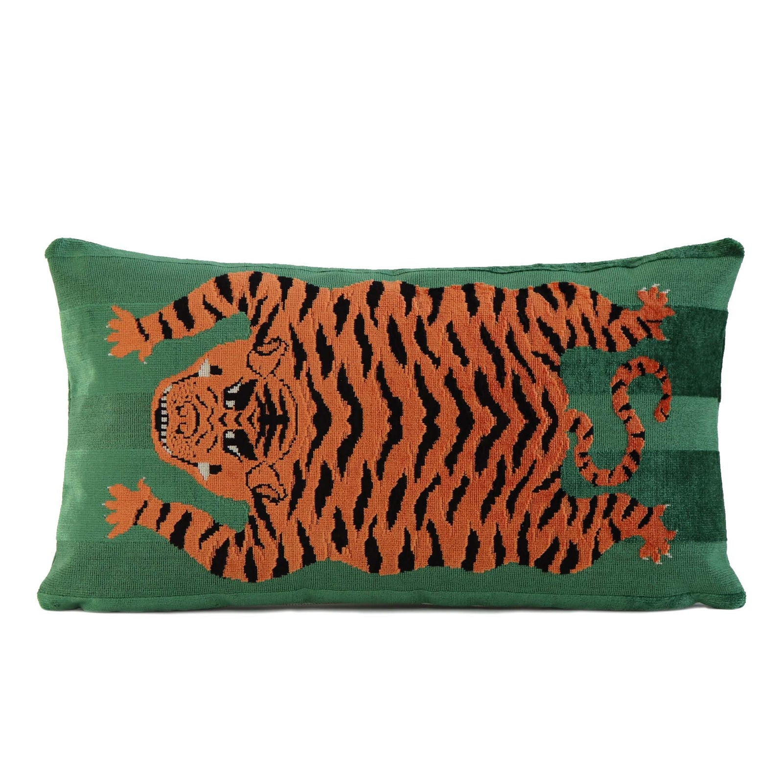 Schumacher Jokhang Tiger Velvet Green Luxury Designer Throw Pillow Cover Left Facing