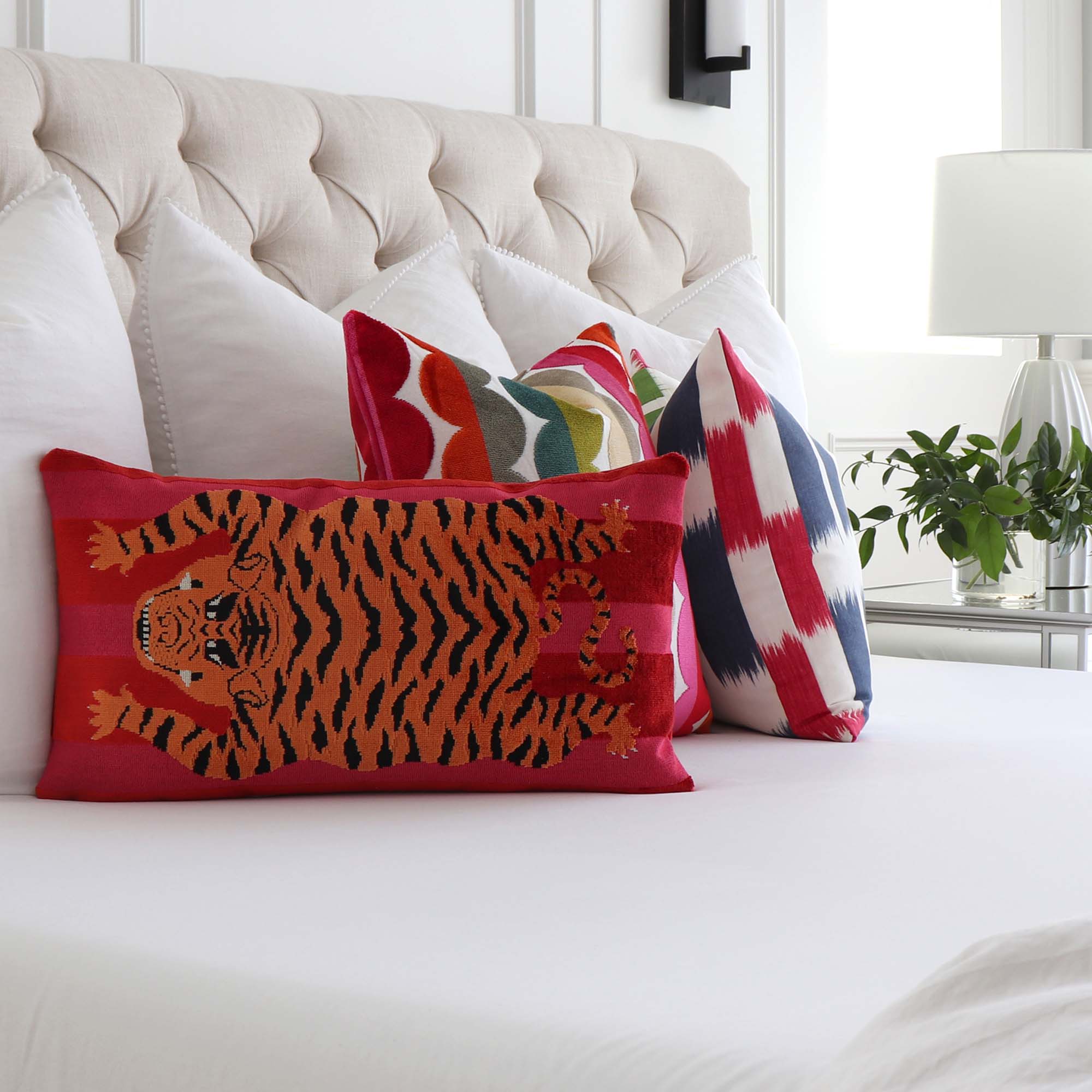 Schumacher Jokhang Tiger Velvet Red and Pink Luxury Designer Throw Pillows on King Bed