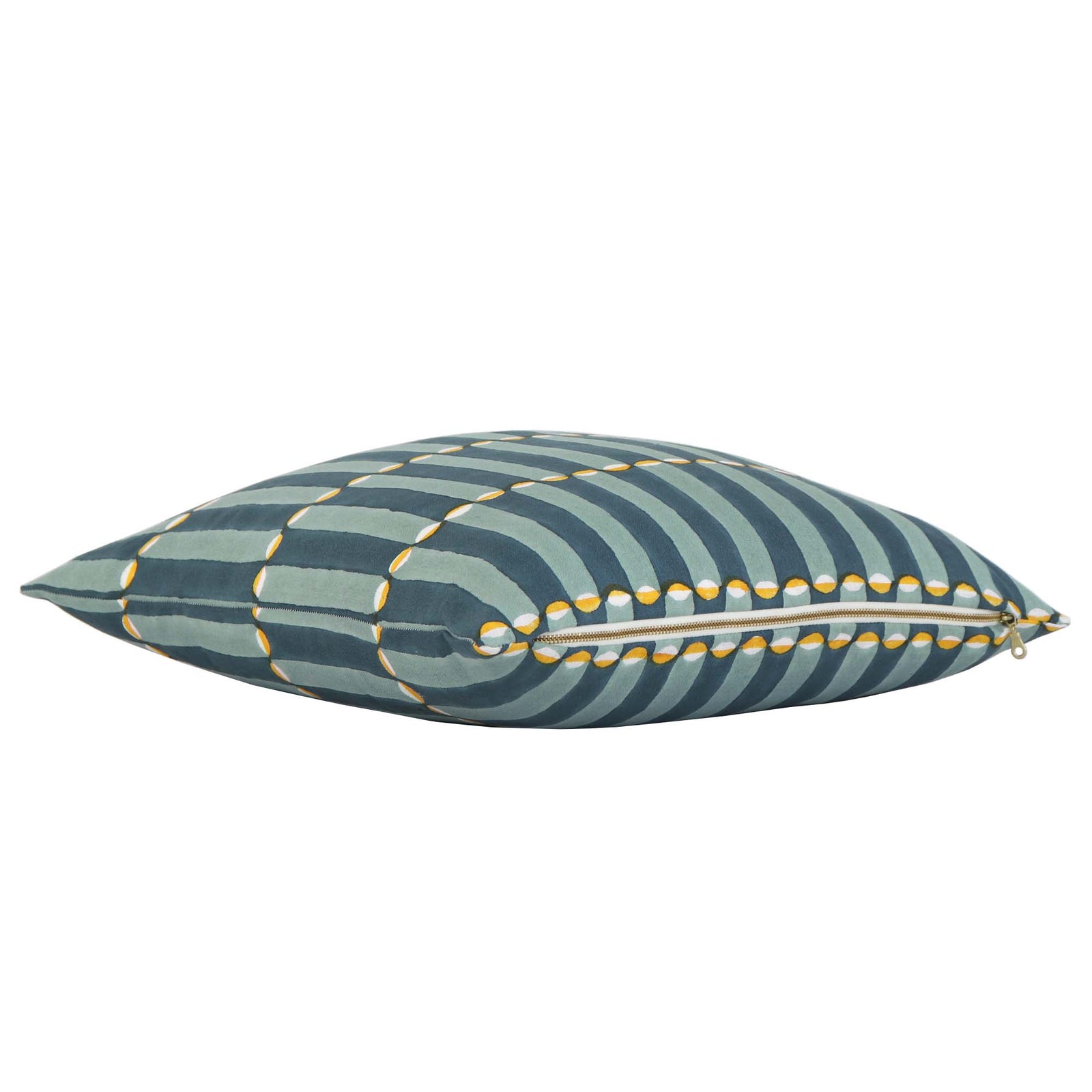 Schumacher Luna Blue and Turmeric Graphic Block Print Designer Decorative Throw Pillow Cover with Exposed Brass Zipper