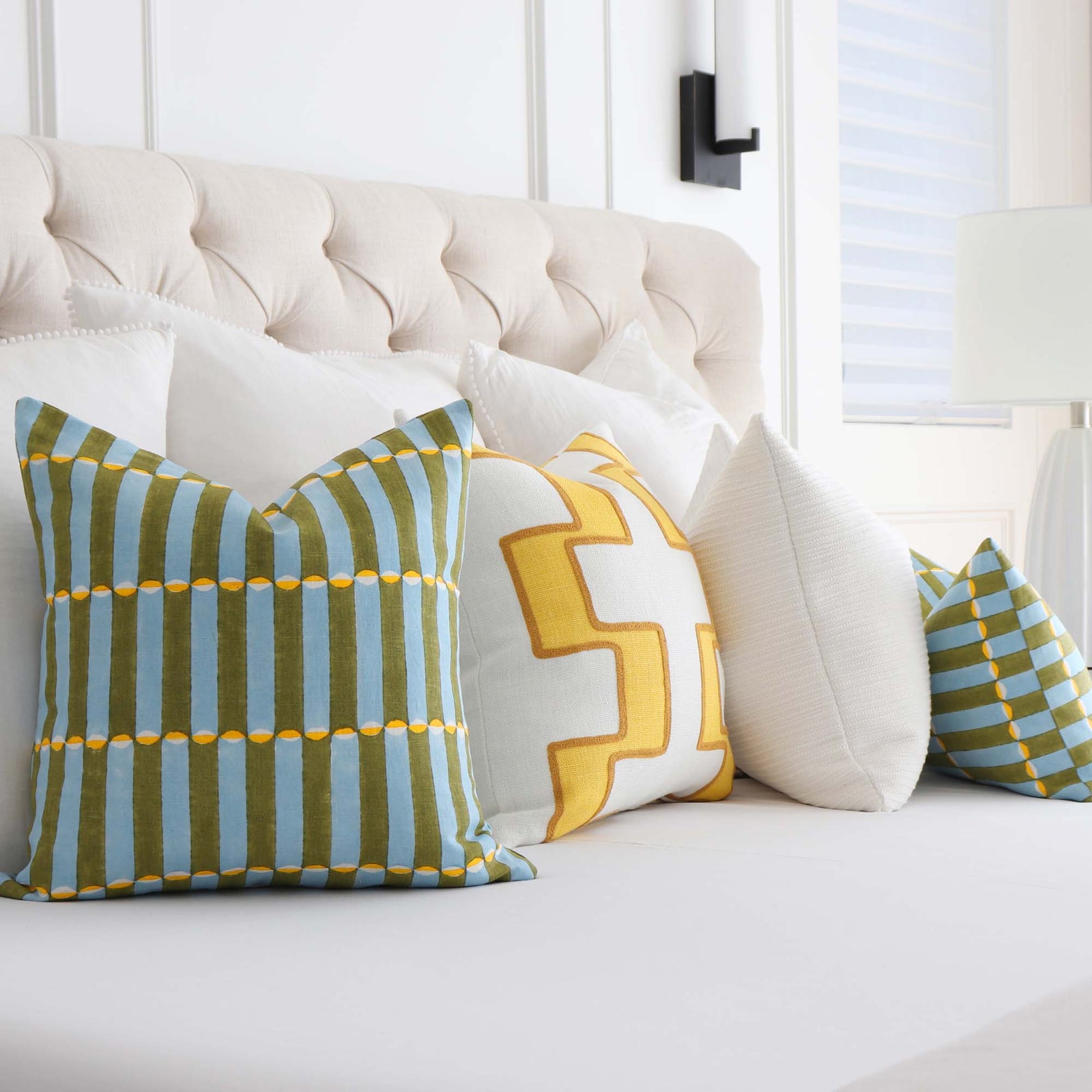 Schumacher Luna Khaki and Turquoise Blue Graphic Block Print Decorative Throw Pillow Cover with Coordinating Pillow Mix