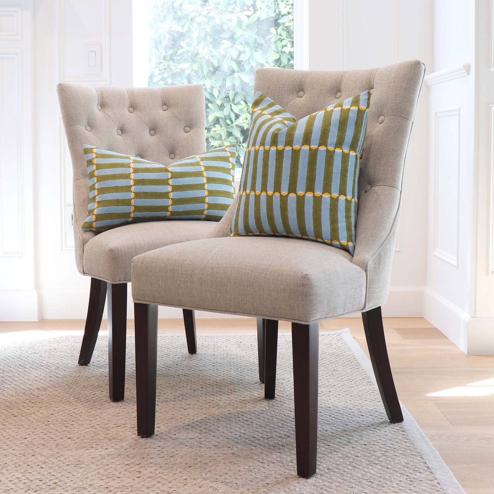 Schumacher Luna Khaki and Turquoise Blue Graphic Block Print Decorative Throw Pillow Cover on Side Chairs in Home Decor