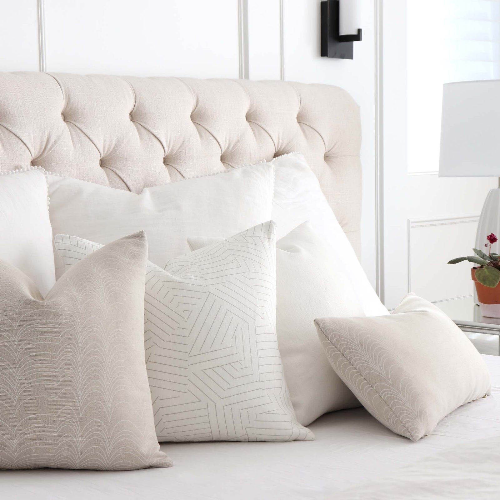 Schumacher Richter Natural and Ivory Striped Designer Throw Pillow Cover in Bedroom