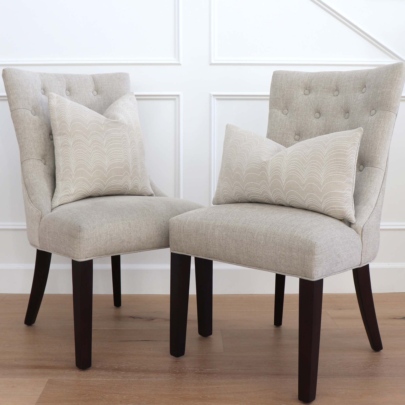 Schumacher Richter Natural and Ivory Striped Designer Throw Pillow Cover on Armless Accent Chairs