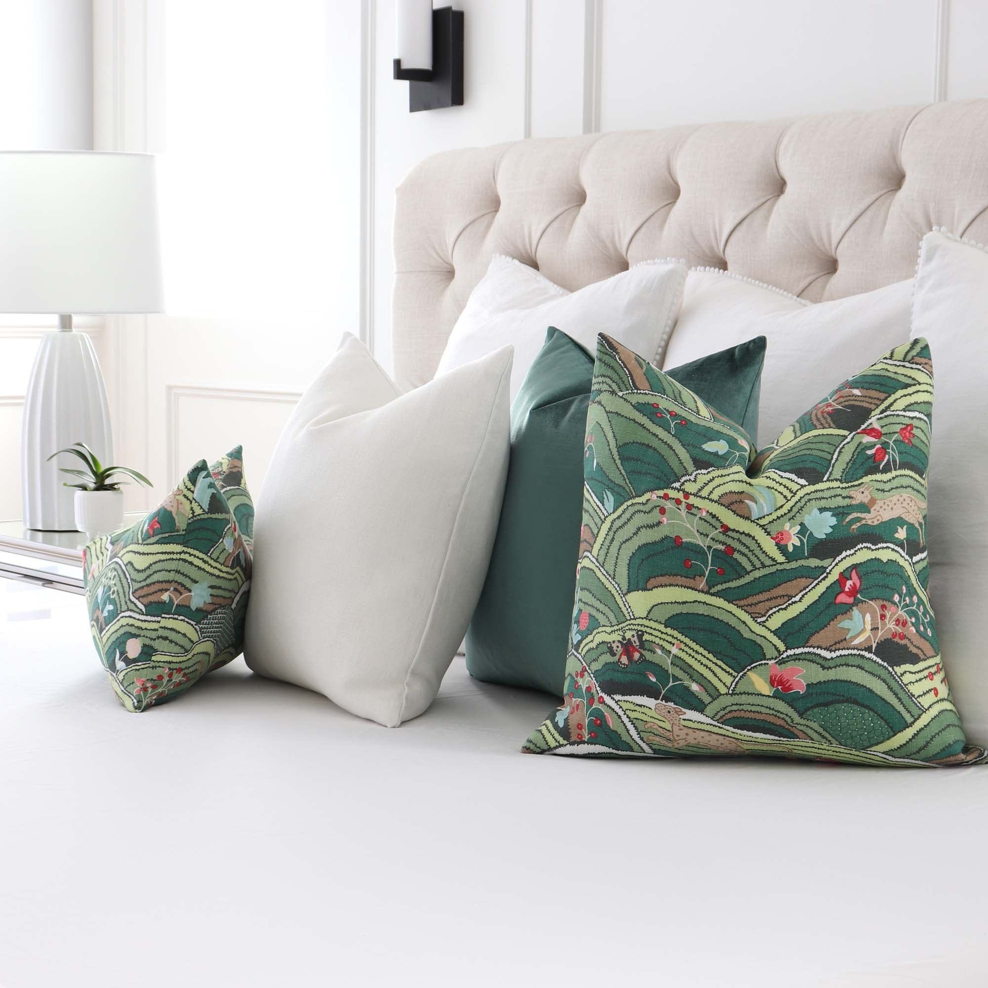 Schumacher Rolling Hills Green Luxury Designer Throw Pillow Cover in Bedroom