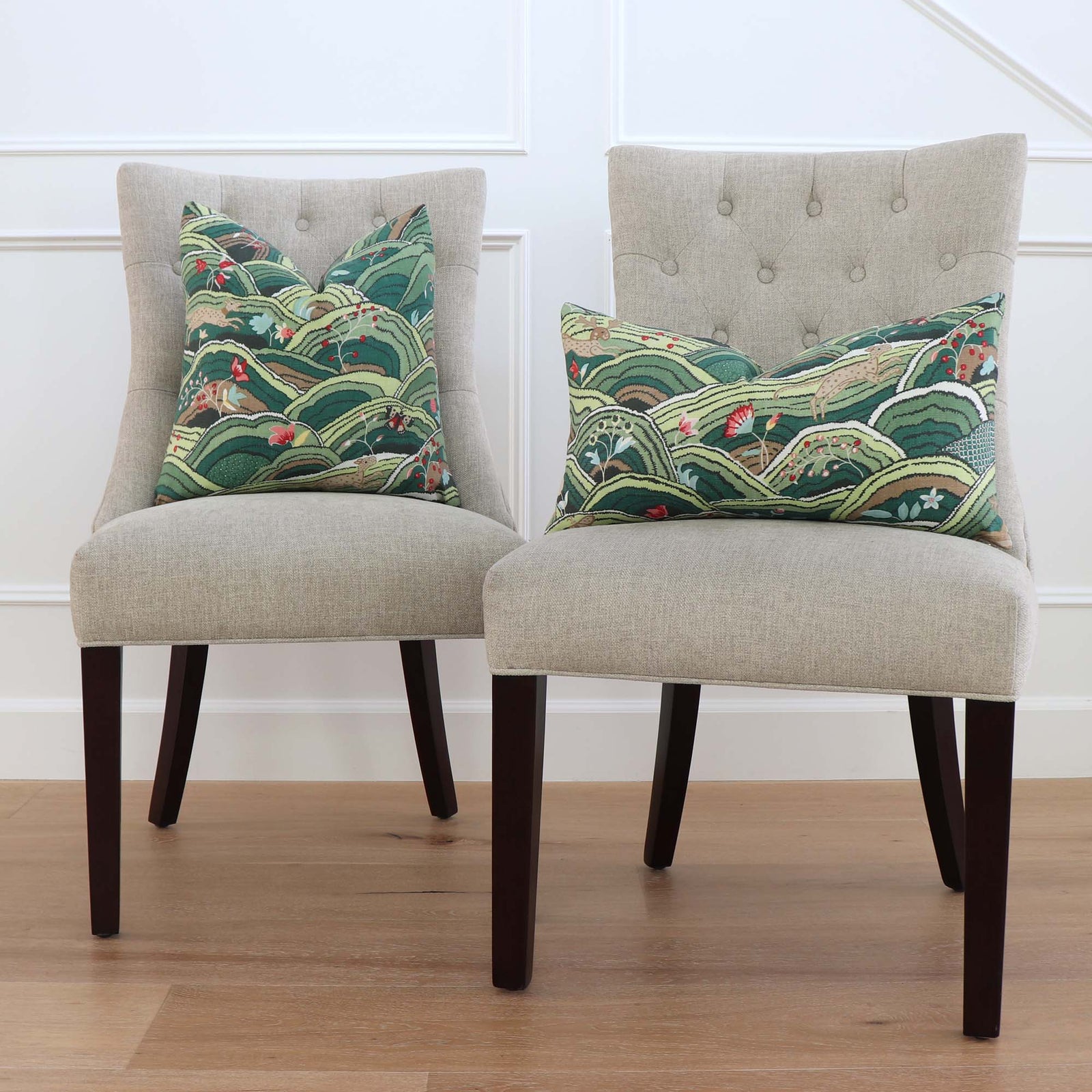 Schumacher Rolling Hills Green Luxury Designer Throw Pillow Cover on Accent Chairs