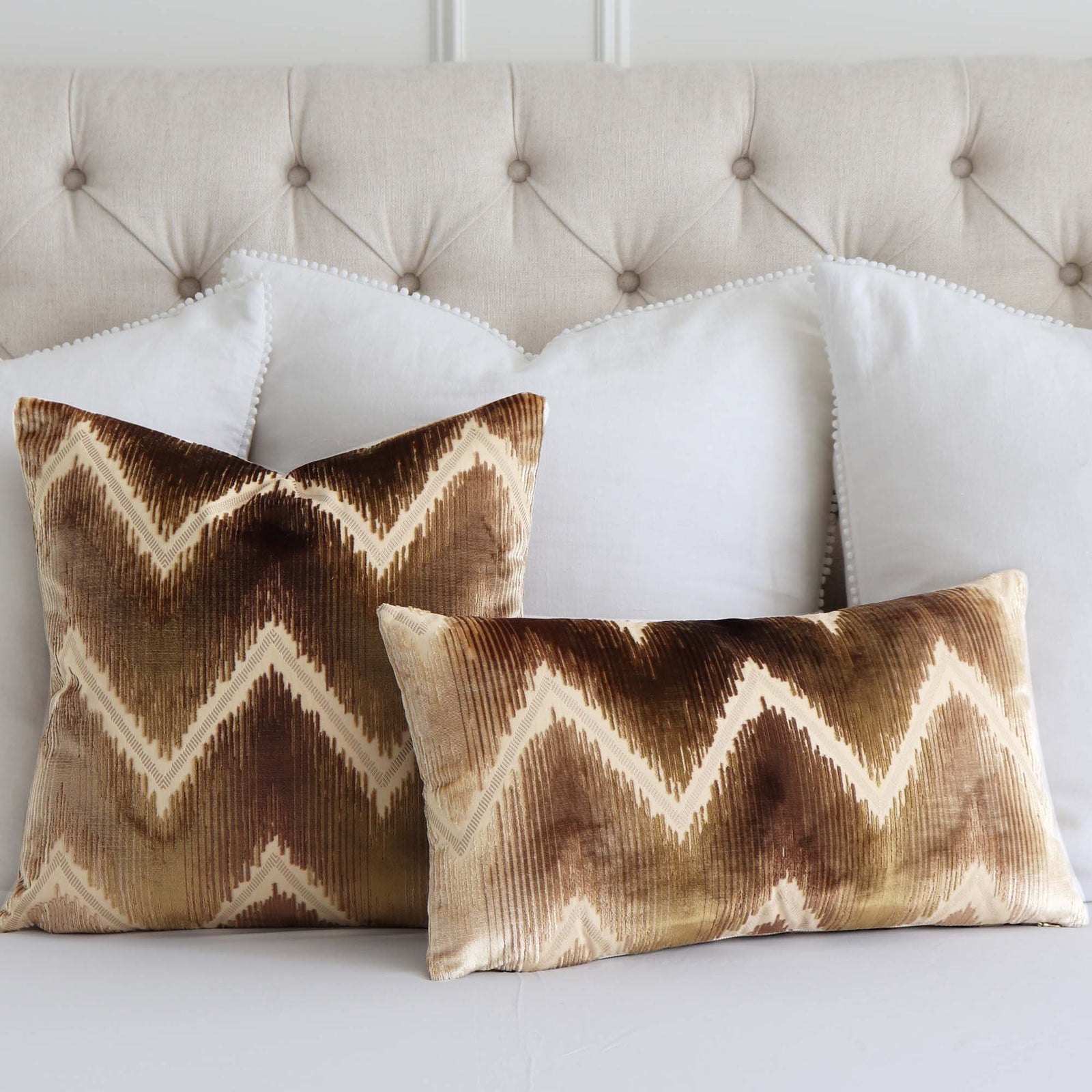 Schumacher Shock Wave Velvet Sand & Sable Chevron Designer Luxury Throw Pillow Cover with White Euro Shams