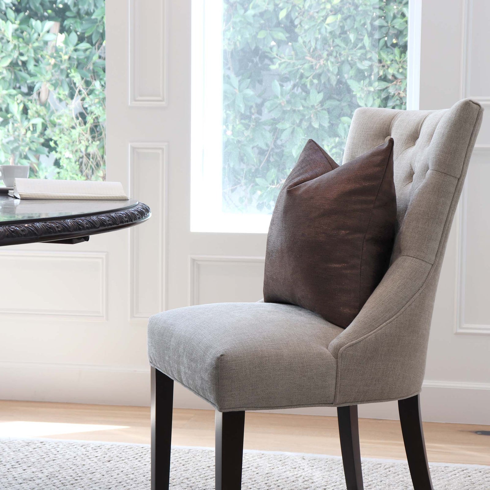 Schumacher Glimmer Bronze Dark Brown Designer Throw Pillow Cover in Dining Room