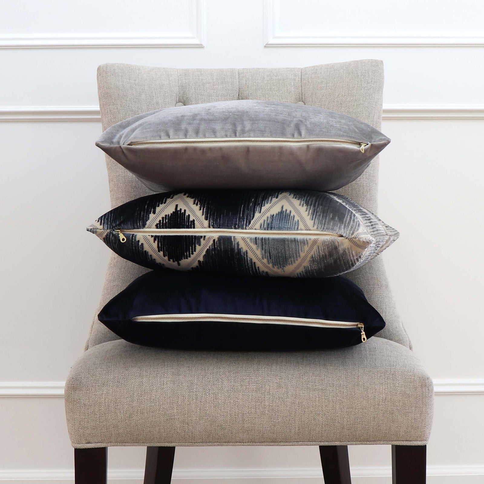 Schumacher Shock Wave Velvet Midnight Blue Designer Throw Pillow with Matching Pillows